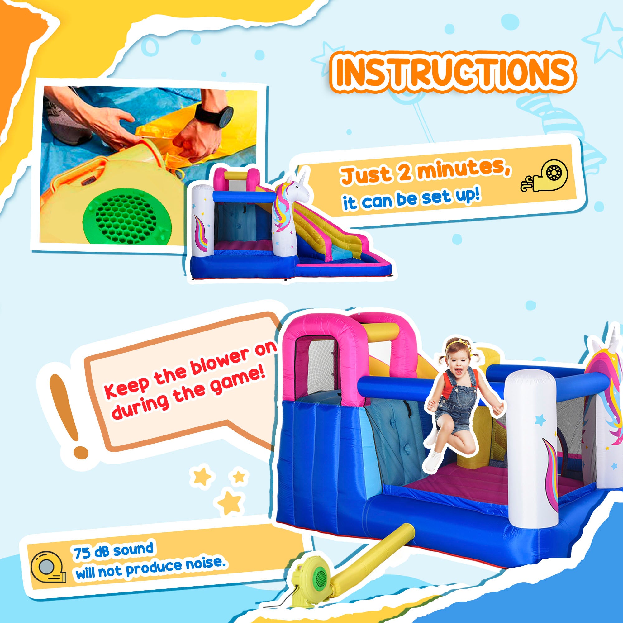 Kids 5 in 1 Inflatable Bounce Castle House, Trampoline Water Slide Pool Climbing Wall with Inflator for Kids Age 3-12 Summer 12.4' x 10.5' x 6.9' - Multi-color Inflatables at Gallery Canada