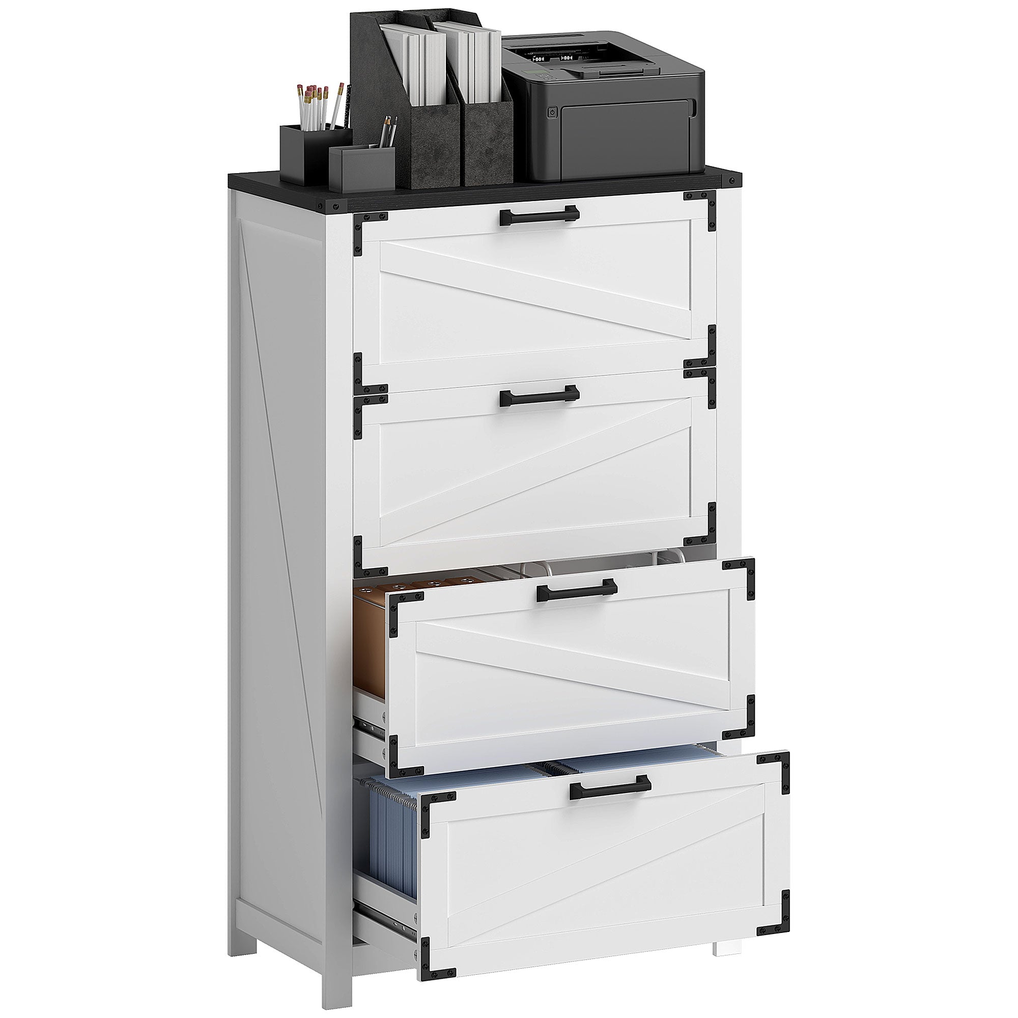 4 Drawer Filing Cabinet, Farmhouse Office Storage Cabinet with Adjustable Hanging Bars for Letter, A4, Legal Size, White Office Cabinets & Cupboards at Gallery Canada