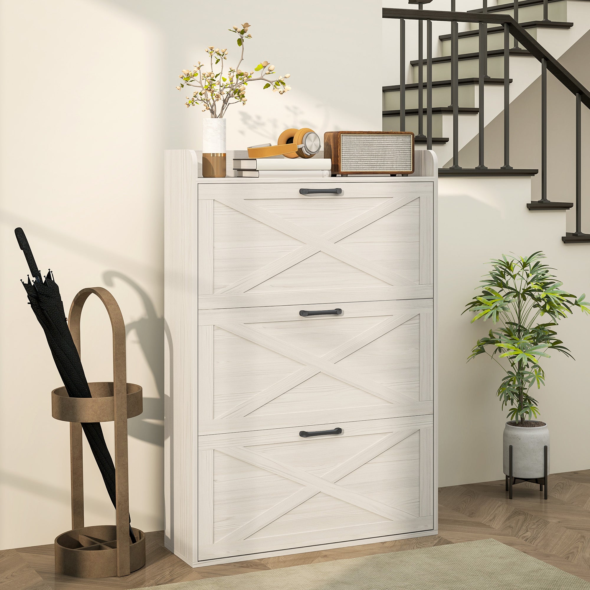 Narrow Shoe Storage Cabinet Farmhouse Shoe Cabinet with 3 Flip Drawers Adjustable Shelves for Entryway White Oak Shoe Storage Cabinets & Racks at Gallery Canada