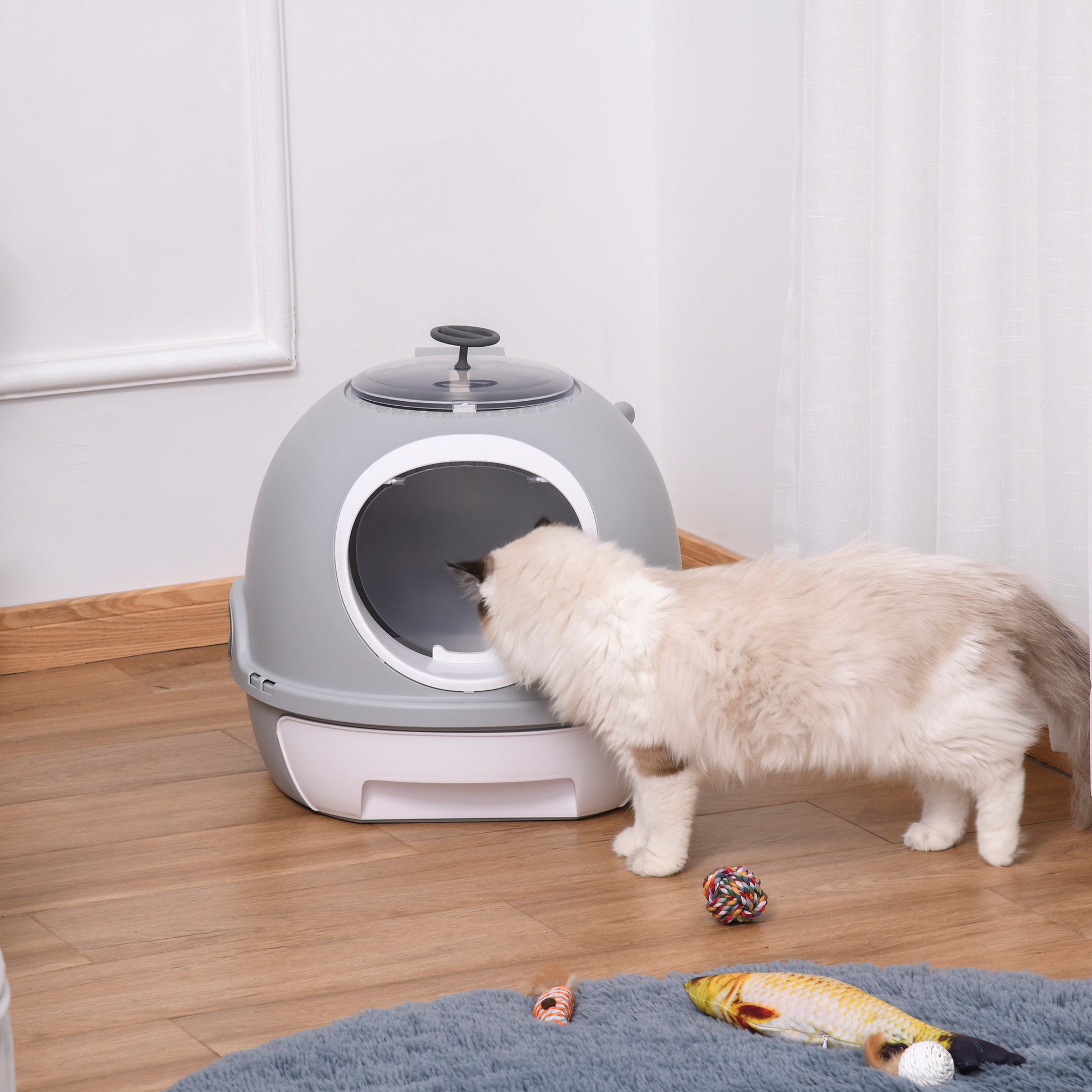 Cat Litter Box Toilet with Lid, Covered Litter Box with Scoop, Enclosed Drawer and Skylight, Grey Cat Litter Box Enclosures   at Gallery Canada