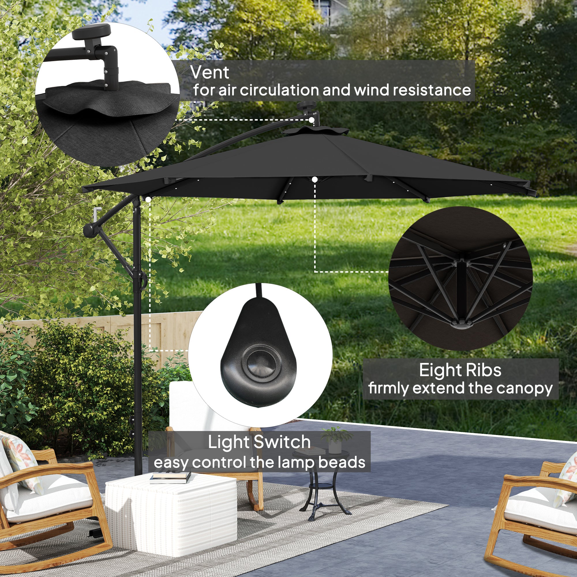 10ft Outdoor Cantilever Umbrella Banana Umbrella with Solar Lights and Adjustable Angle for Patio Backyard Black Offset Cantilever Umbrellas at Gallery Canada