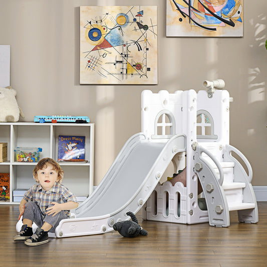 4 in 1 Toddler Slide with Basketball Hoop, Climber, Telescope, Storage Basket, for 1-3 Years Kids Indoor Use, Grey Gym Sets & Swings   at Gallery Canada