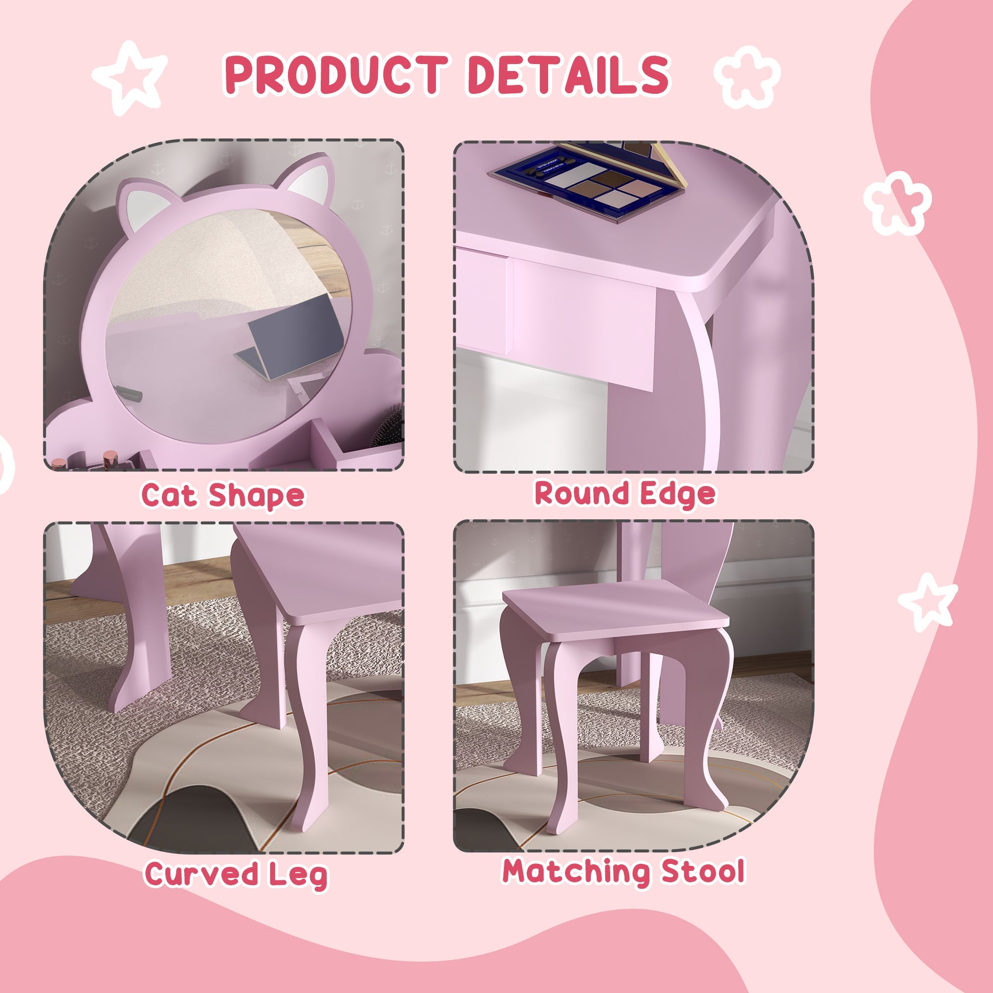 Makeup Vanity with Mirror and Stool, Cat Design, Drawer, Storage Boxes, for 3-6 Years Old, Pink Toy Vanity   at Gallery Canada