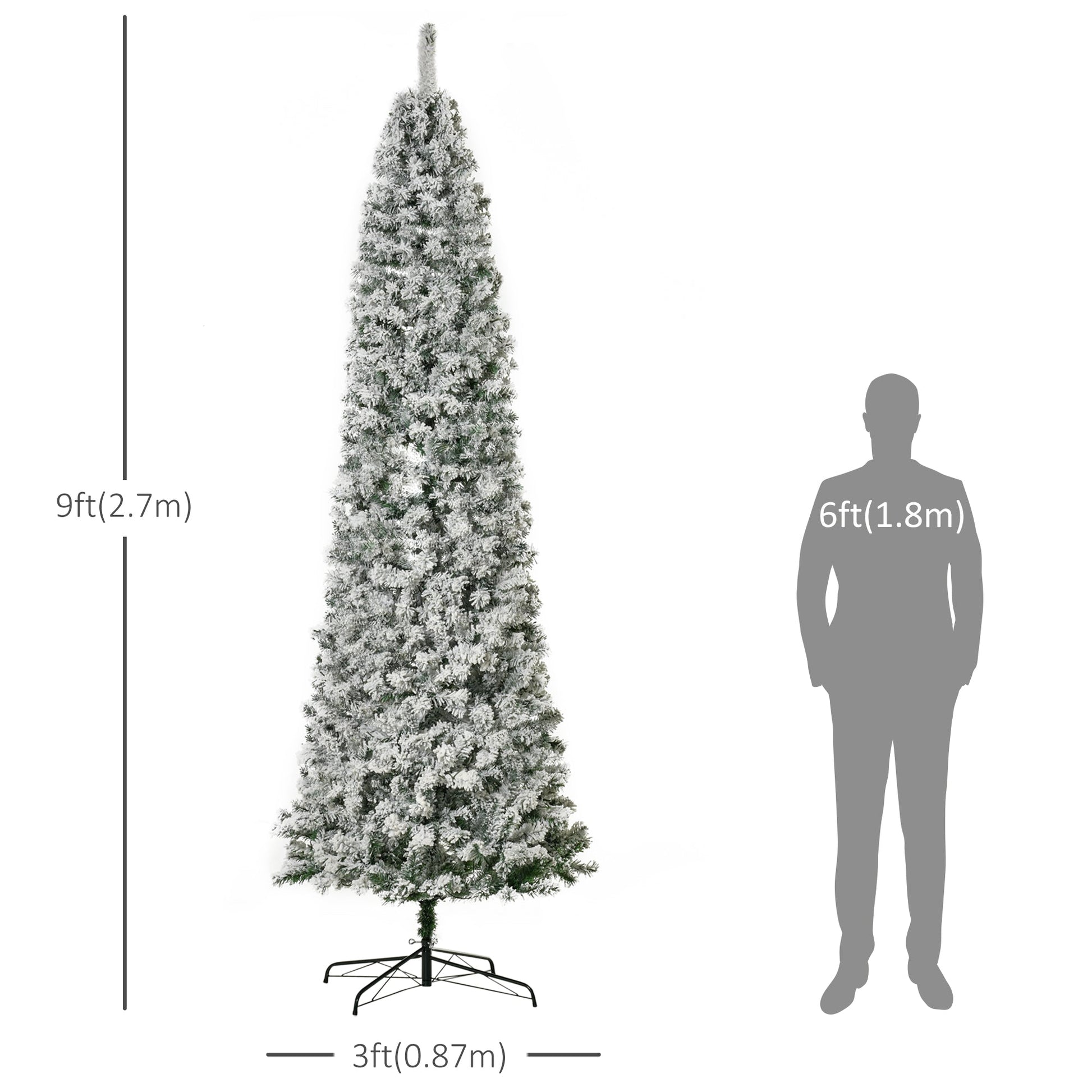 9 Feet Prelit Artificial Snow Flocked Pencil Christmas Tree, Slim Xmas Tree with Warm White LED Light, Holiday Home Xmas Decoration, Green Pre Lit Christmas Trees   at Gallery Canada