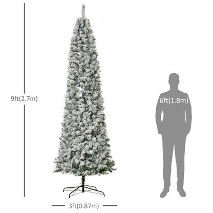 9 Feet Prelit Artificial Snow Flocked Pencil Christmas Tree, Slim Xmas Tree with Warm White LED Light, Holiday Home Xmas Decoration, Green Pre Lit Christmas Trees   at Gallery Canada