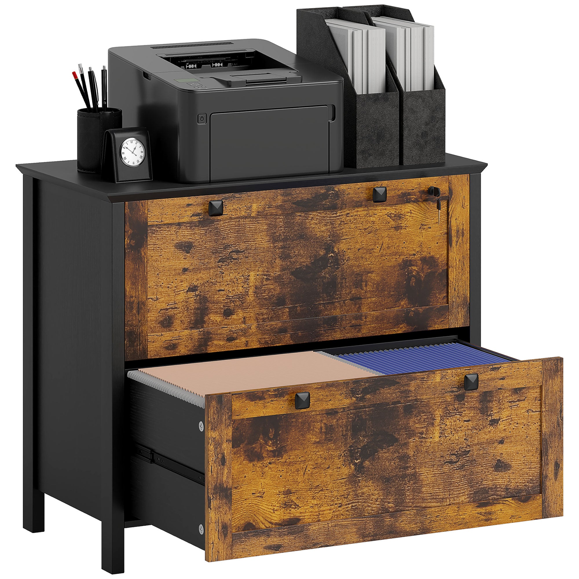 2 Drawer File Cabinet, Lockable Filing Cabinet with Adjustable Hanging Bar for Letter, A4 Size, Rustic Brown Office Cabinets & Cupboards at Gallery Canada