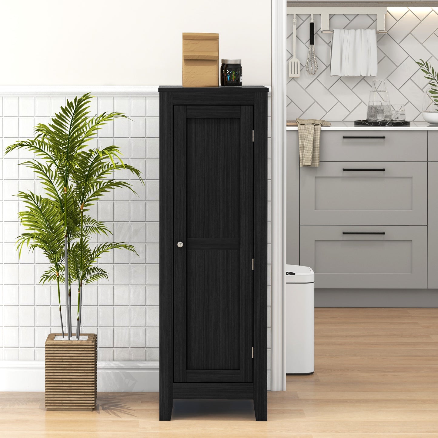 Modern Kitchen Pantry Storage Cabinet with Adjustable Shelf Small Storage Cabinet with Door and Shelves Black Kitchen Pantry Cabinets   at Gallery Canada