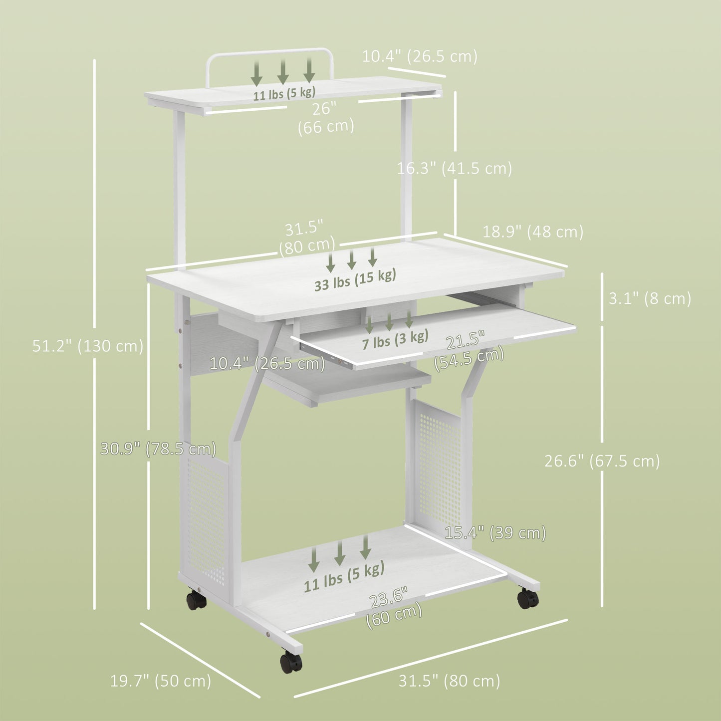 32" Mobile Computer Table, Rolling Study Desk for Home Office with Keyboard Tray, Storage Shelves, Wheels, White Computer Desks   at Gallery Canada