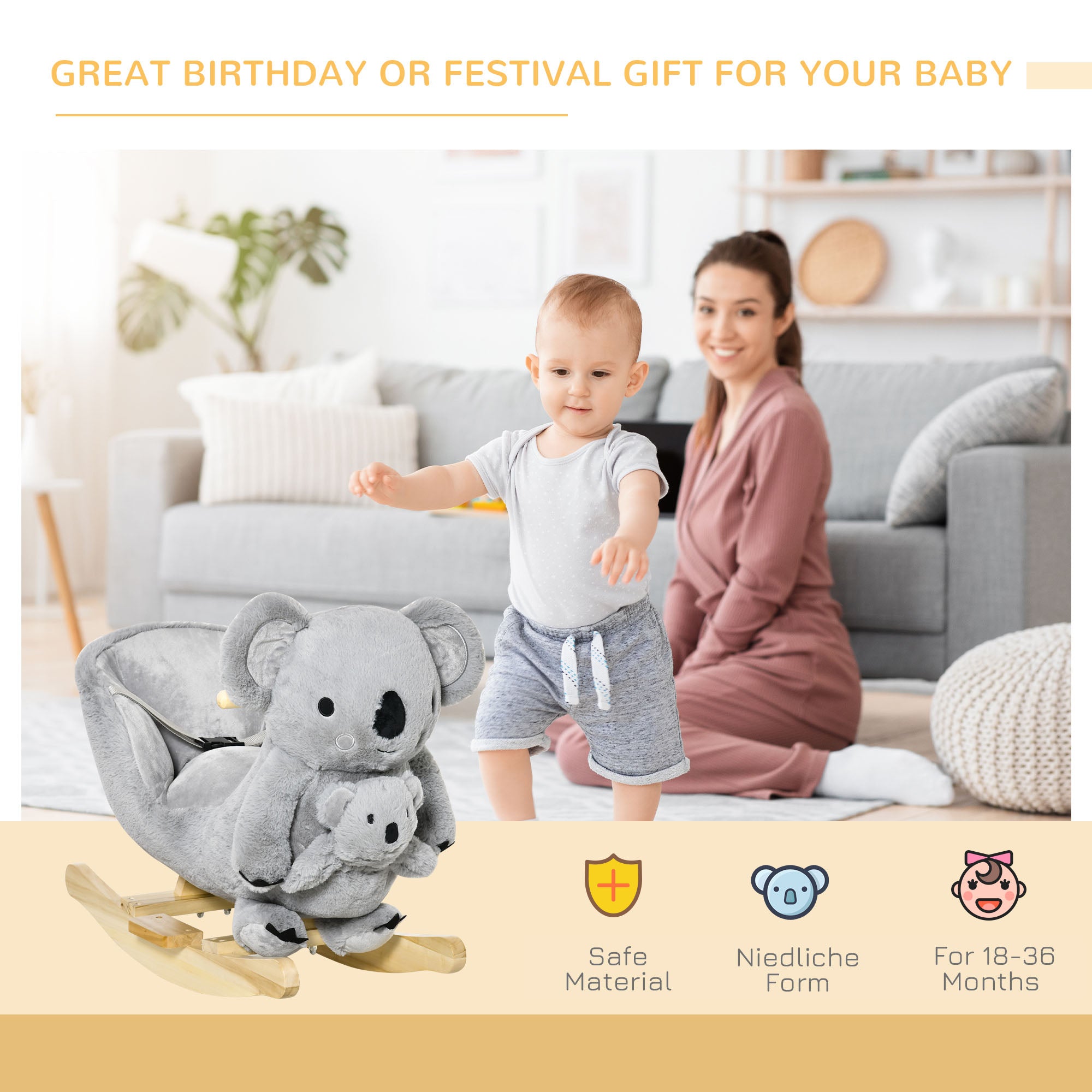 Kids Plush Ride-On Rocking Horse Koala-shaped Plush Toy Rocker with Gloved Doll Realistic Sounds for Child 18-36 Months Grey Rocking Horses at Gallery Canada