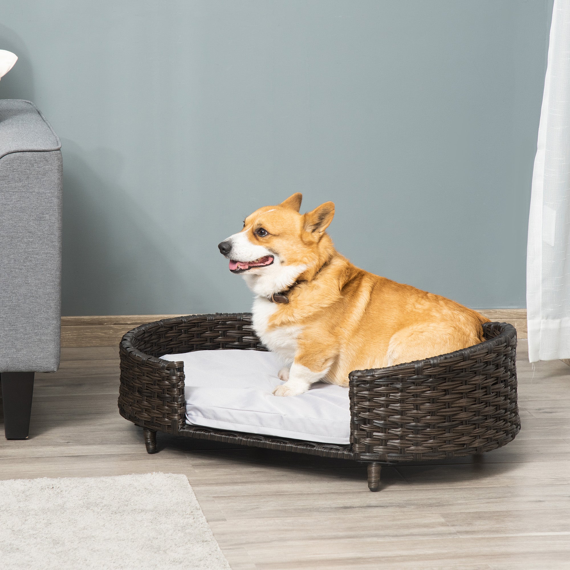 Raised Ratten Dog Bed Sofa, Elevated Wicker Cat Couch Bed with Removable Soft Cushion Washable Cover, for Small &; Medium Dogs, Charcoal Grey Dog Sofas at Gallery Canada
