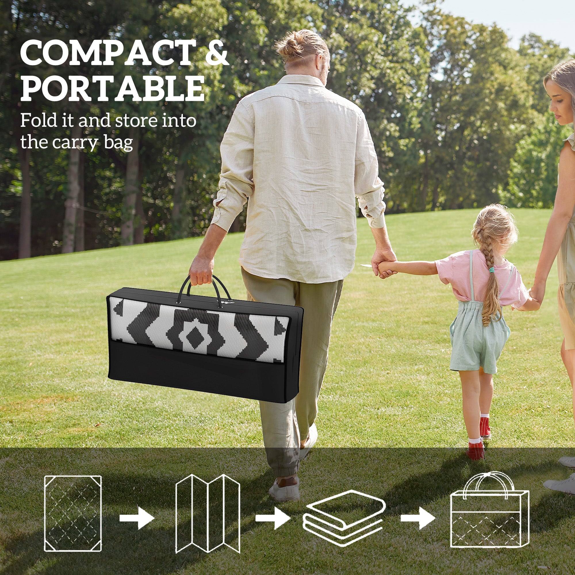 9' x 12' Outdoor RV Rug, Reversible Patio Floor Mat with Carry Bag, Toothed Rhombus, White and Black Garden Decor at Gallery Canada