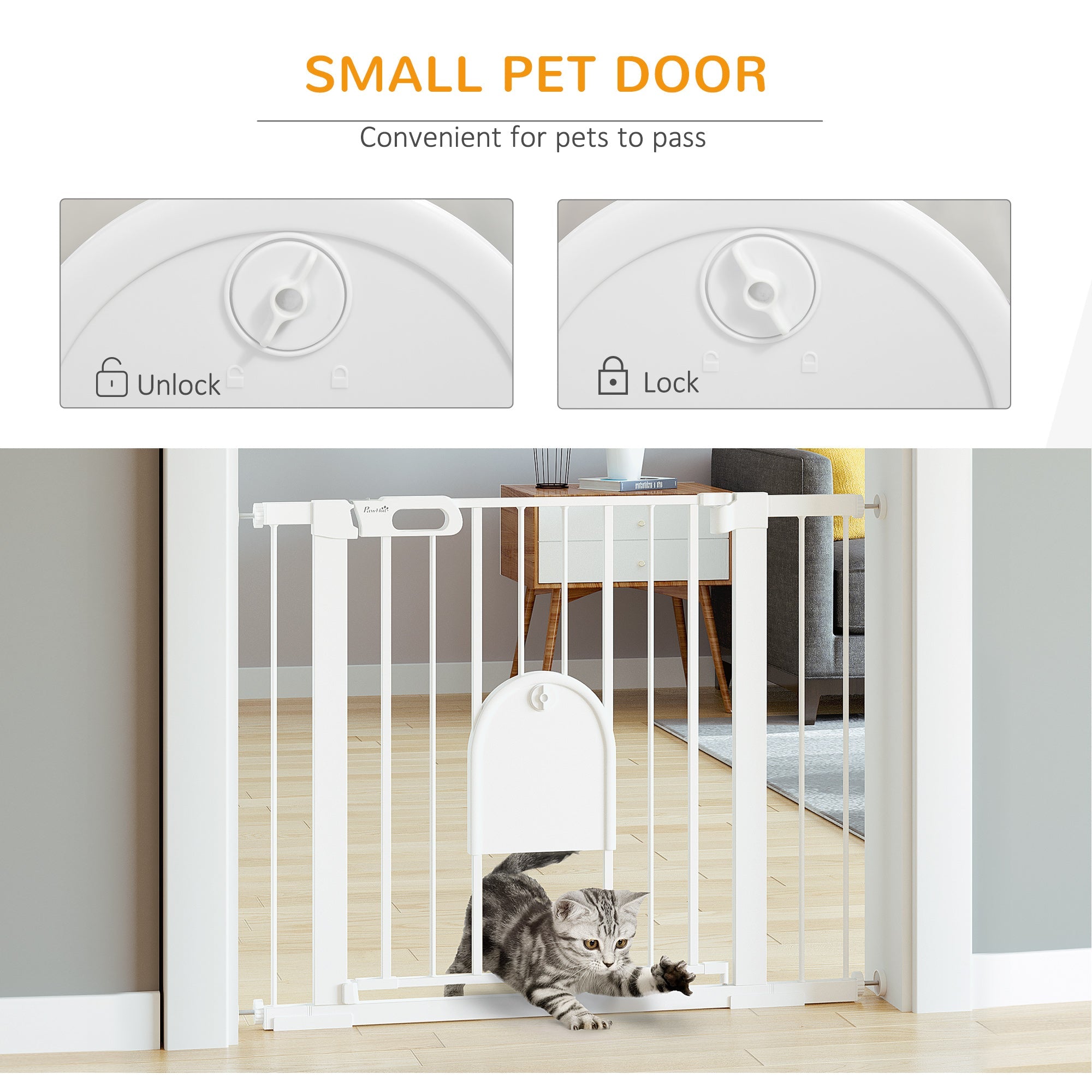 Extra Wide Pet Gate with Cat Door, Auto Close, Double Locking, White Houses, Kennels & Pens   at Gallery Canada