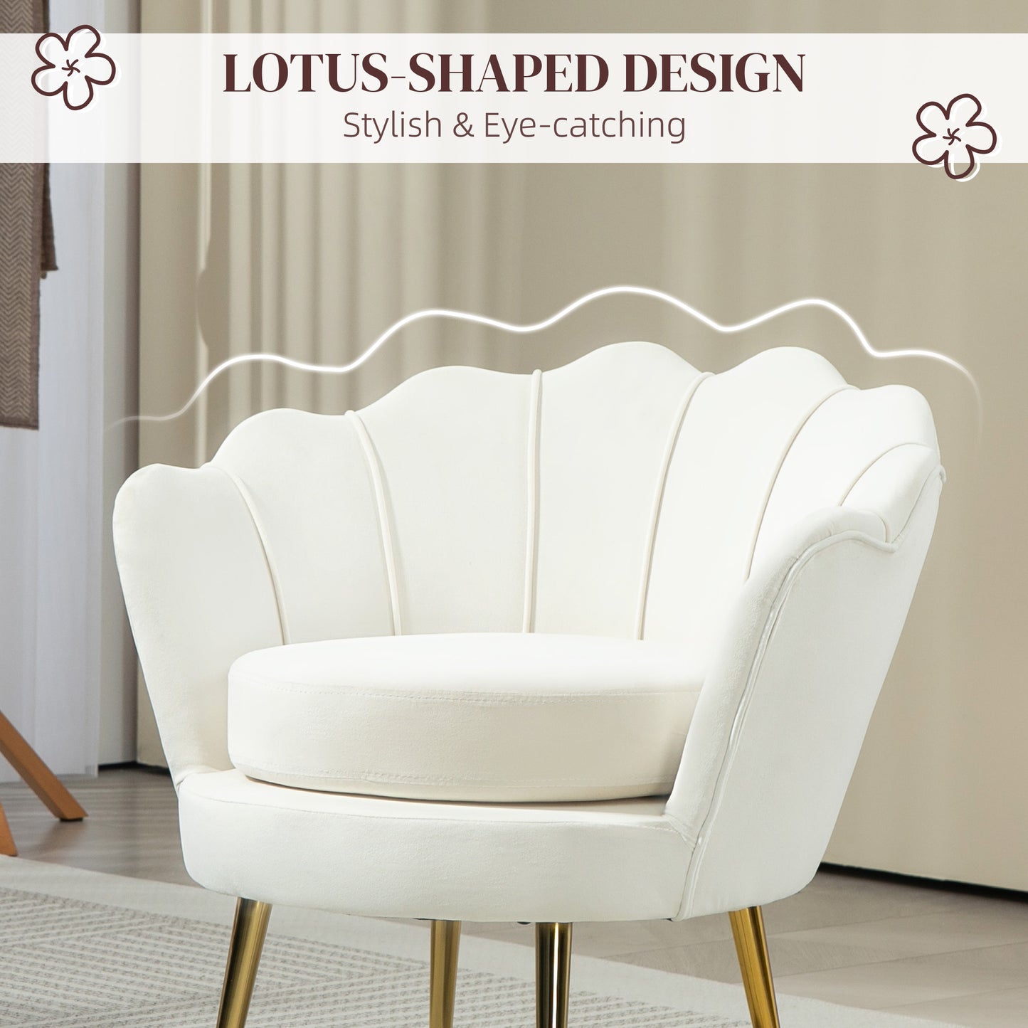 Modern Accent Chair, Velvet-Touch Fabric Leisure Club Chair with Gold Metal Legs for Bedroom, Cream White Accent Chairs at Gallery Canada