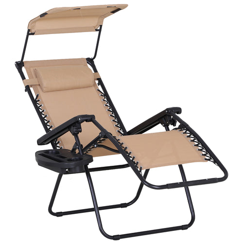 Outdoor Zero Gravity Reclining Lounger Chair with Canopy Shade, Side Tray, Cupholder, Beige