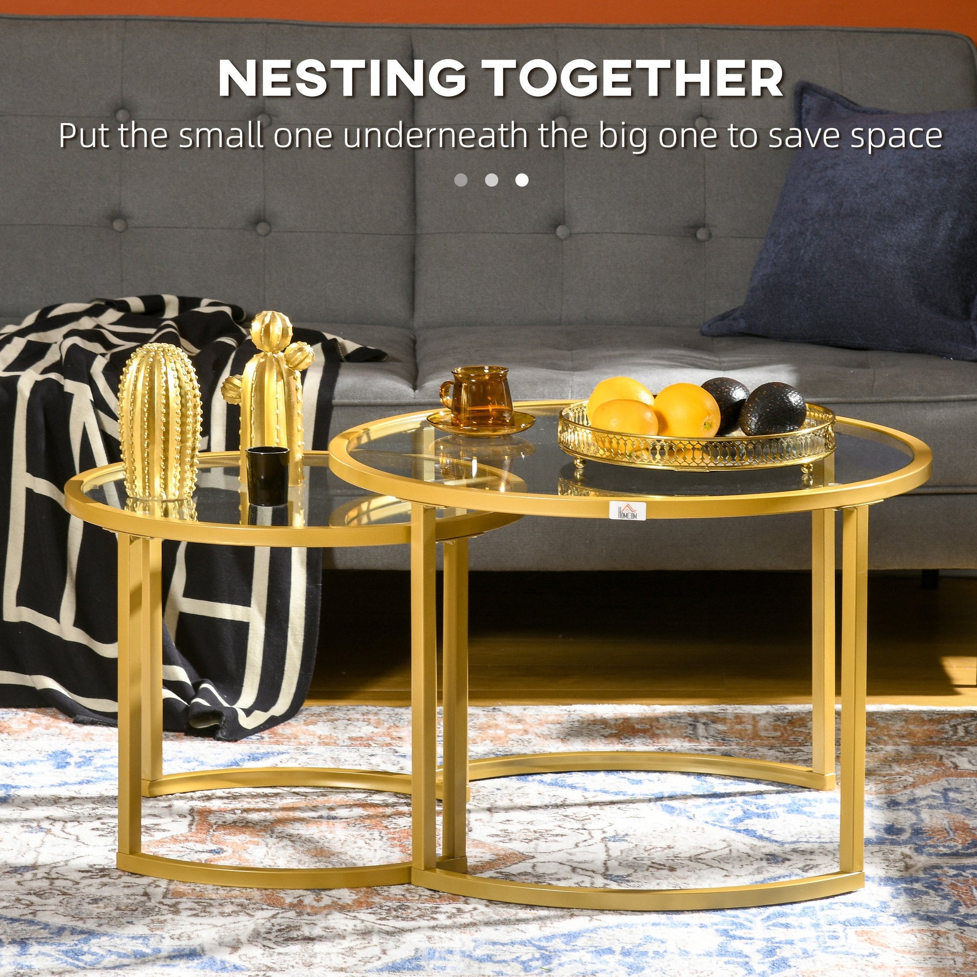 Round Coffee Table Set of 2, Modern Nesting Tables with Tempered Glass Top and Steel Frame for Living Room, Gold Coffee Tables   at Gallery Canada