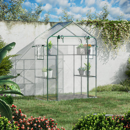 3-Tier Mini Greenhouse, Walk-in Greenhouse, Garden Hot House with 4 Shelves, Roll-Up Door, Mesh Windows, Trellis and Plant Labels, 56" x 29" x 77", Clear Greenhouses Multi Colour at Gallery Canada