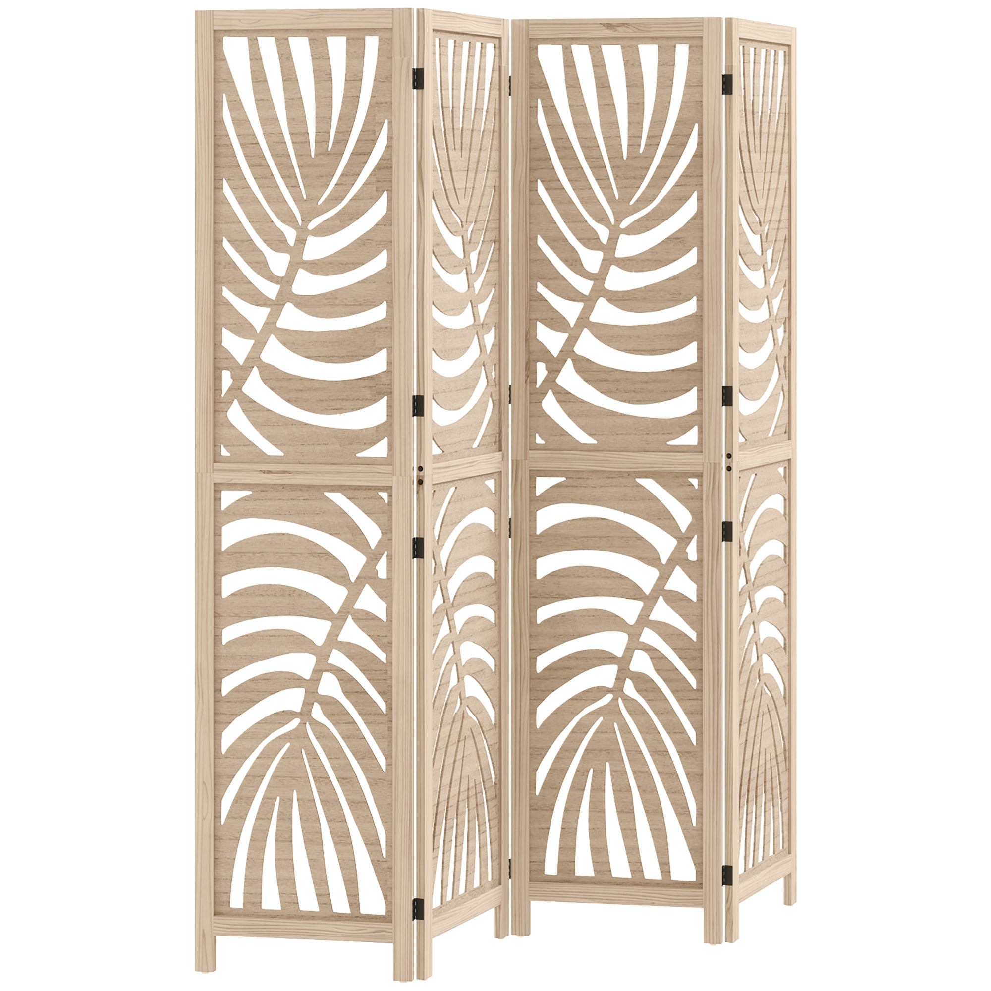 4 Panel Room Divider, Detachable Folding Privacy Screens with Palm Leaf Design for Home Office, Natural Wood Finish Room Dividers at Gallery Canada