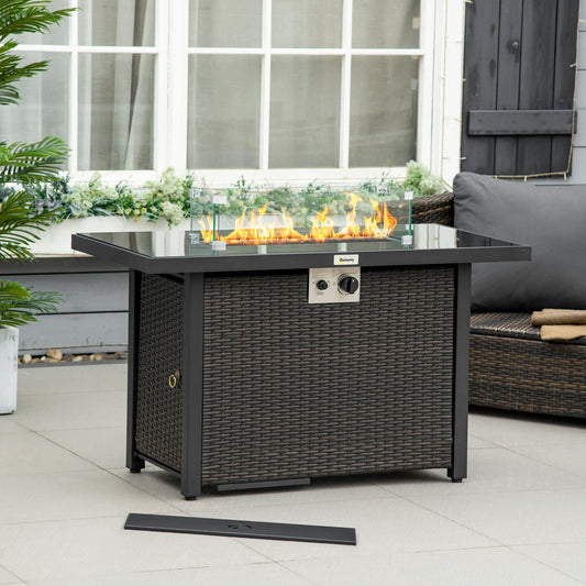 Propane Fire Pit Table 43" Outdoor Square Fire Table, 50,000 BTU Pulse-Ignition Wicker Firepit Furniture with Glass Wind Guard, Blue Glass Rock, CSA Certification, Coffee - Gallery Canada
