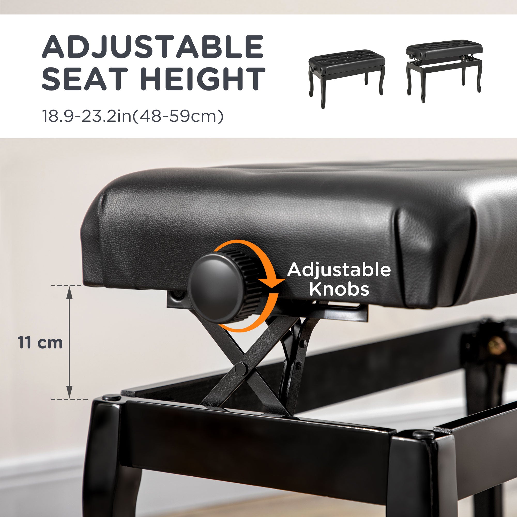Adjustable Height Piano Bench Stool, PU Leather Button Tufted Padded Keyboard Seat with Rubber Wood Legs, Black Piano Benches at Gallery Canada