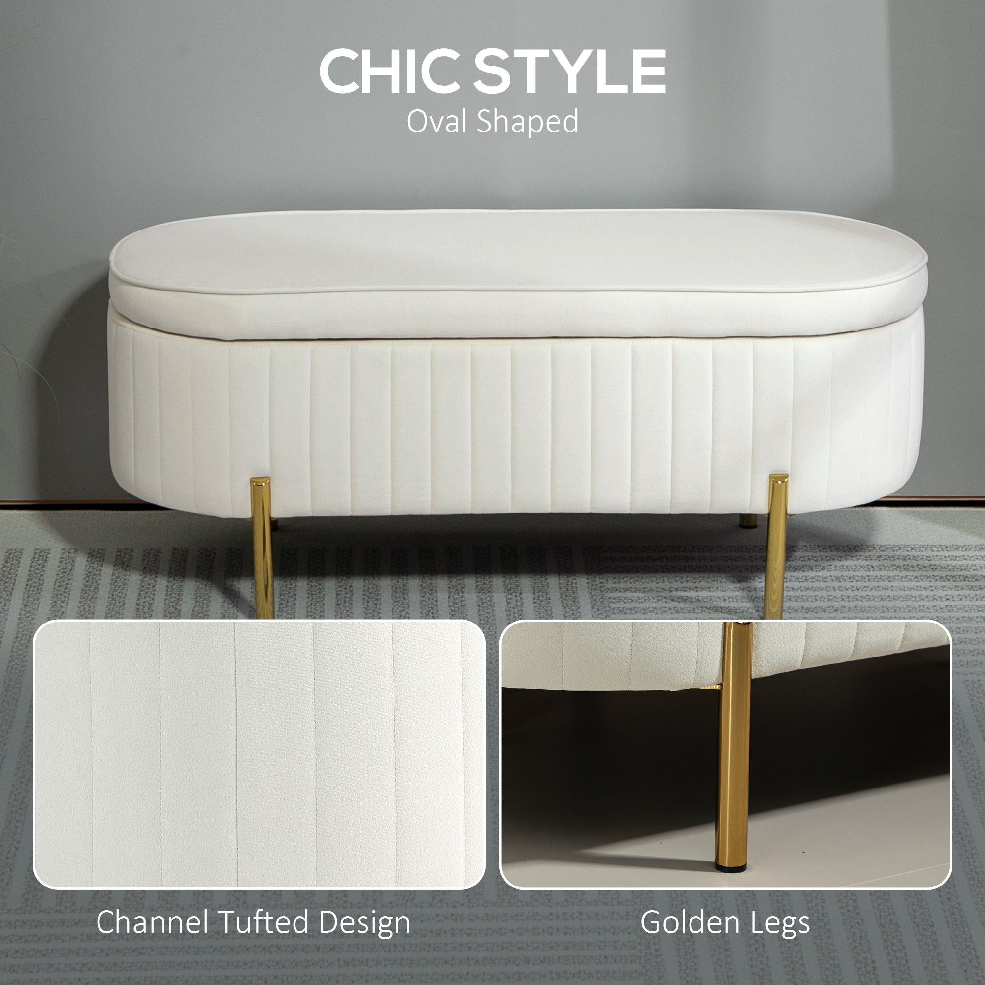 Upholstered Bedroom Bench, Channel Tufted Ottoman Bench with Thick Padding and Metal Legs, Cream White Storage Ottomans & Benches at Gallery Canada