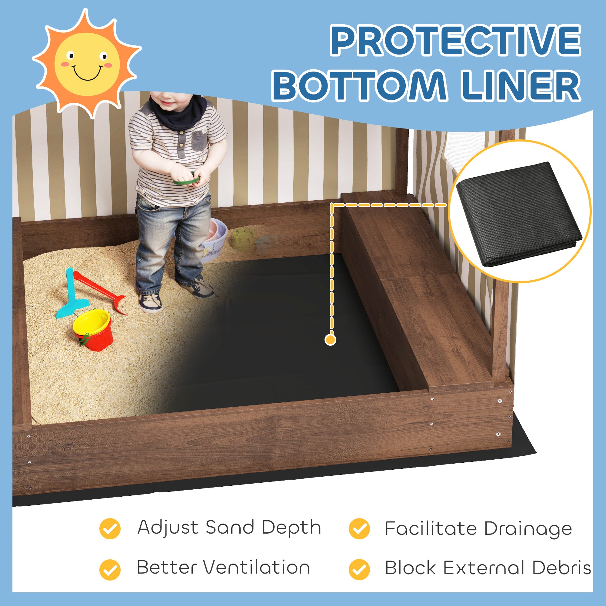 Kids Sandbox with Full Covered Canopy, Bench Seats, Bottom Liner, for Ages 3-6, 56