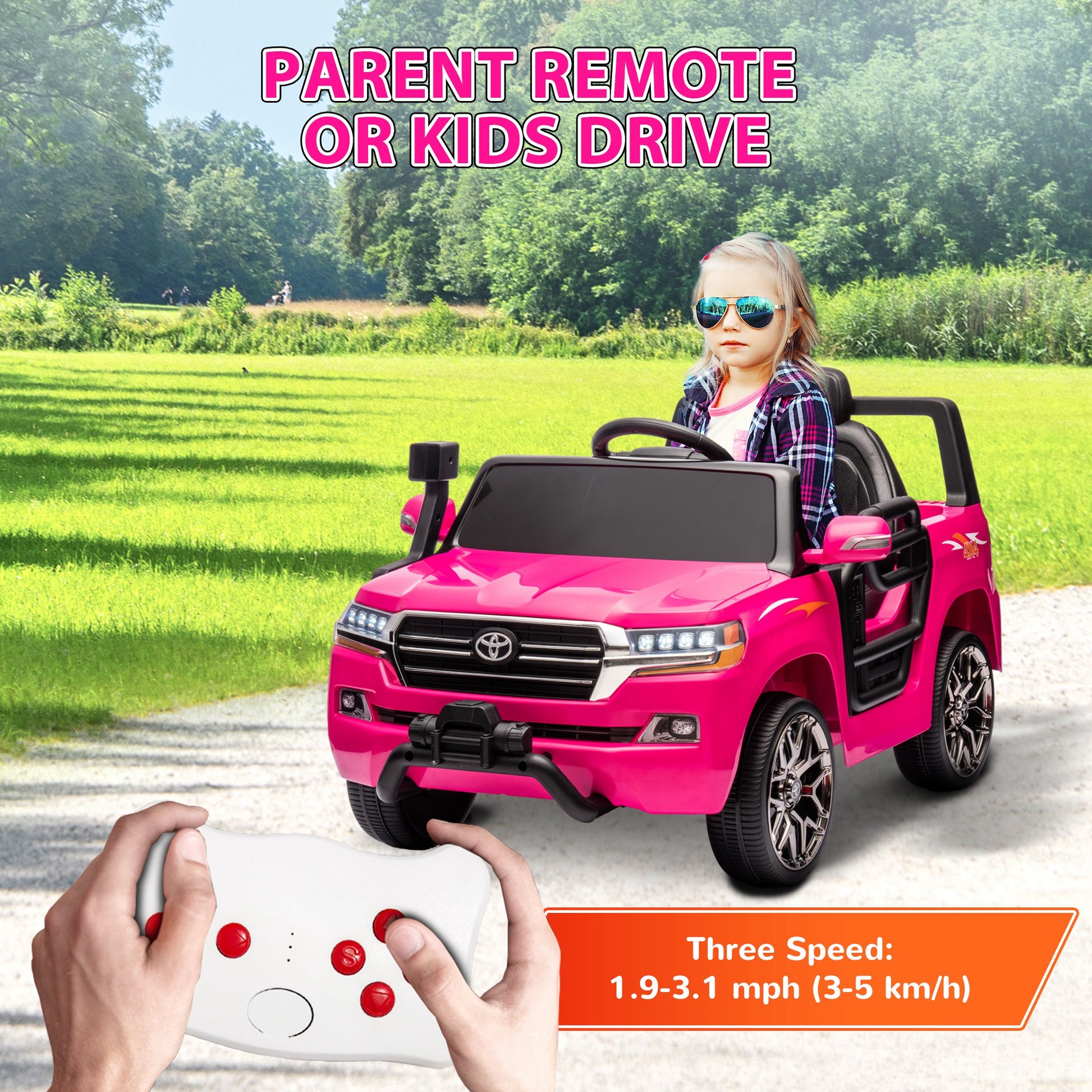 12V Toyota LAND CRUISER Licensed Kids Car w/ Remote Control, Four Wheel Spring Suspension, Soft Start, LED Light, Pink Electric Toy Cars   at Gallery Canada