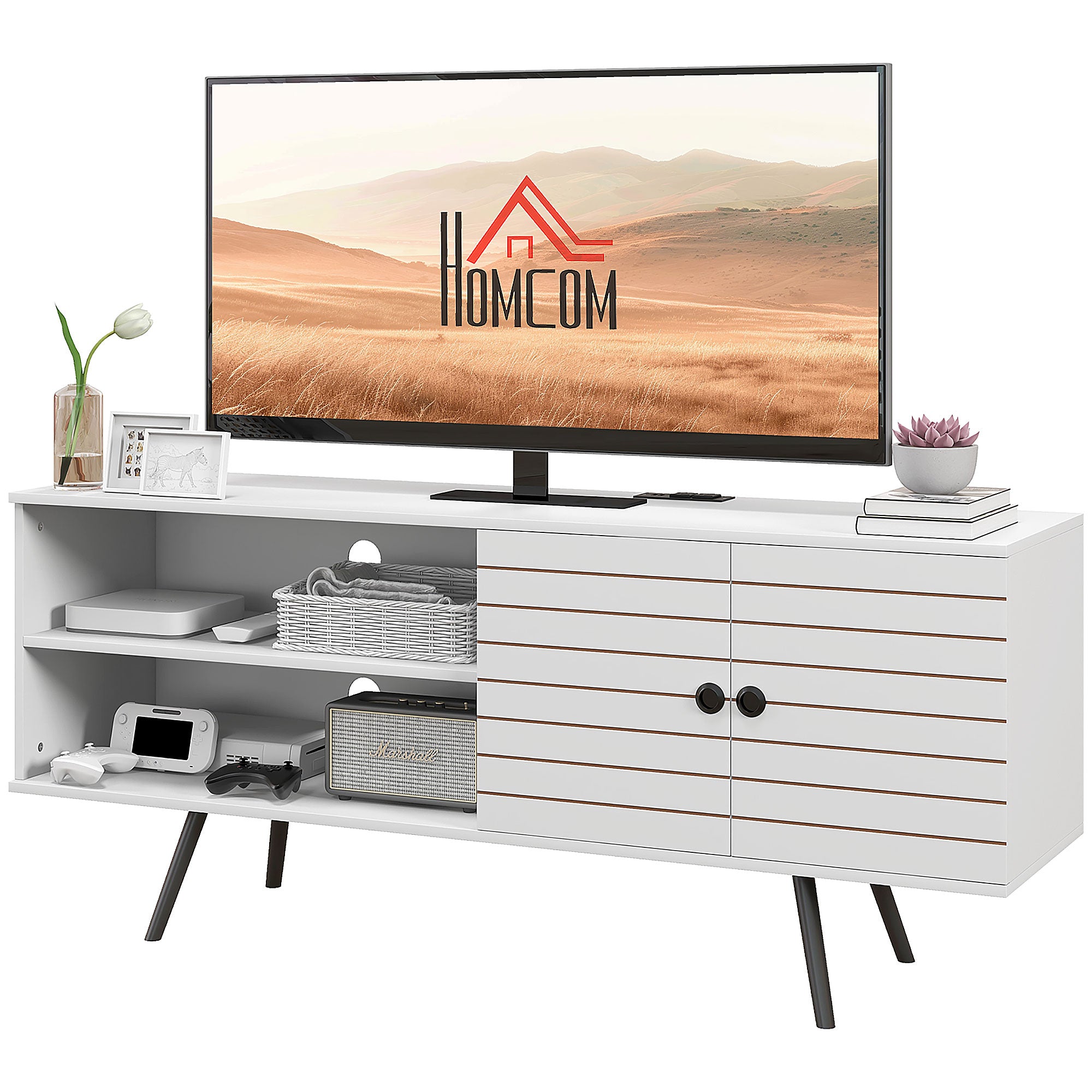 TV Stand Cabinet for 65-Inch, TV Table with Charging Station, Television Stand with Open Shelves, Door and Cable Holes TV Stands   at Gallery Canada