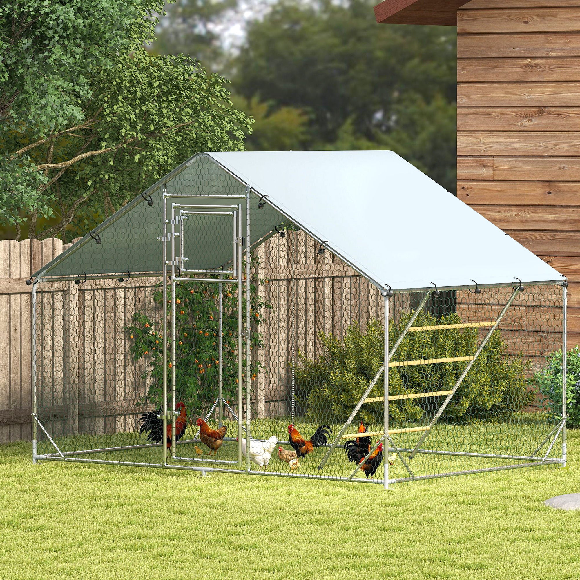 Large Metal Chicken Run with Waterproof &; UV-Resistant Cover, Feeding Door, Hanging Feeder, Perch for 6-8 Chickens Chicken Coops at Gallery Canada