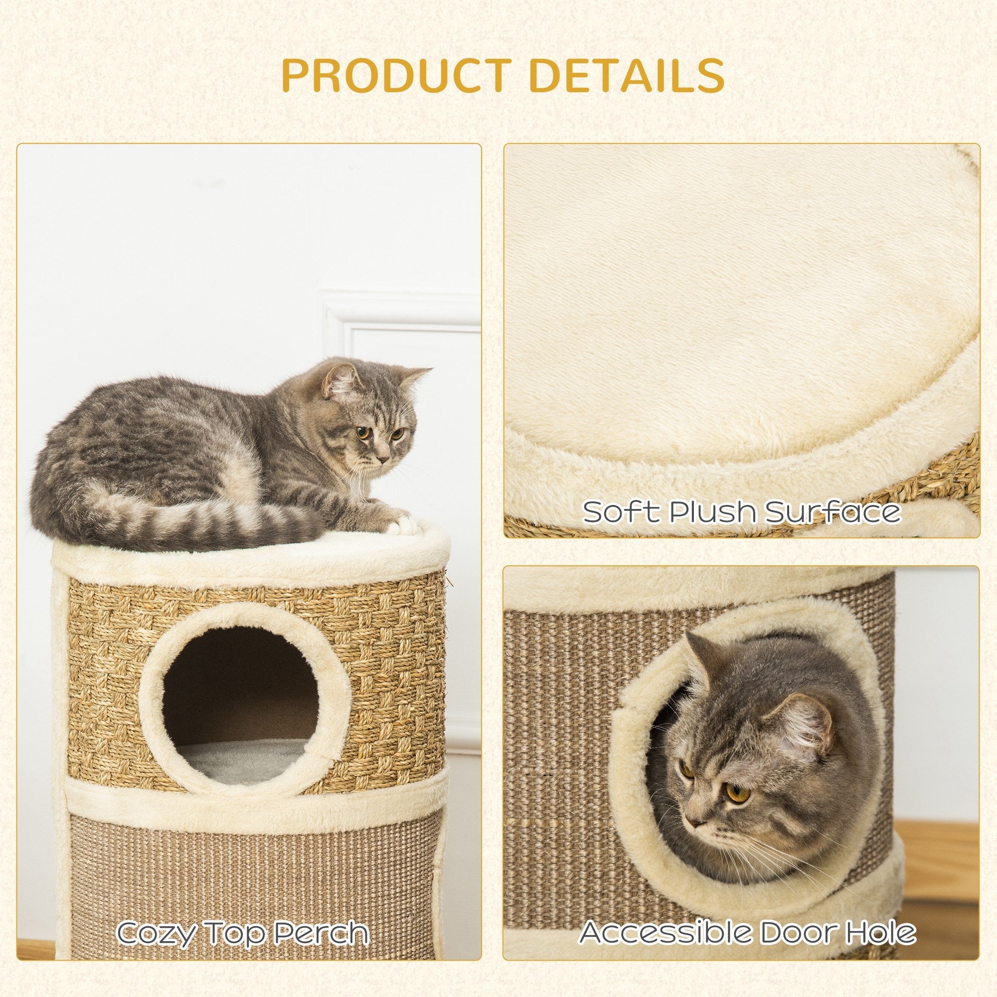 Cat Condo 3 Story Three Holes with Sisal Seaweed Scratching Cover Surface, Cat Tower for Indoor Cats, 15