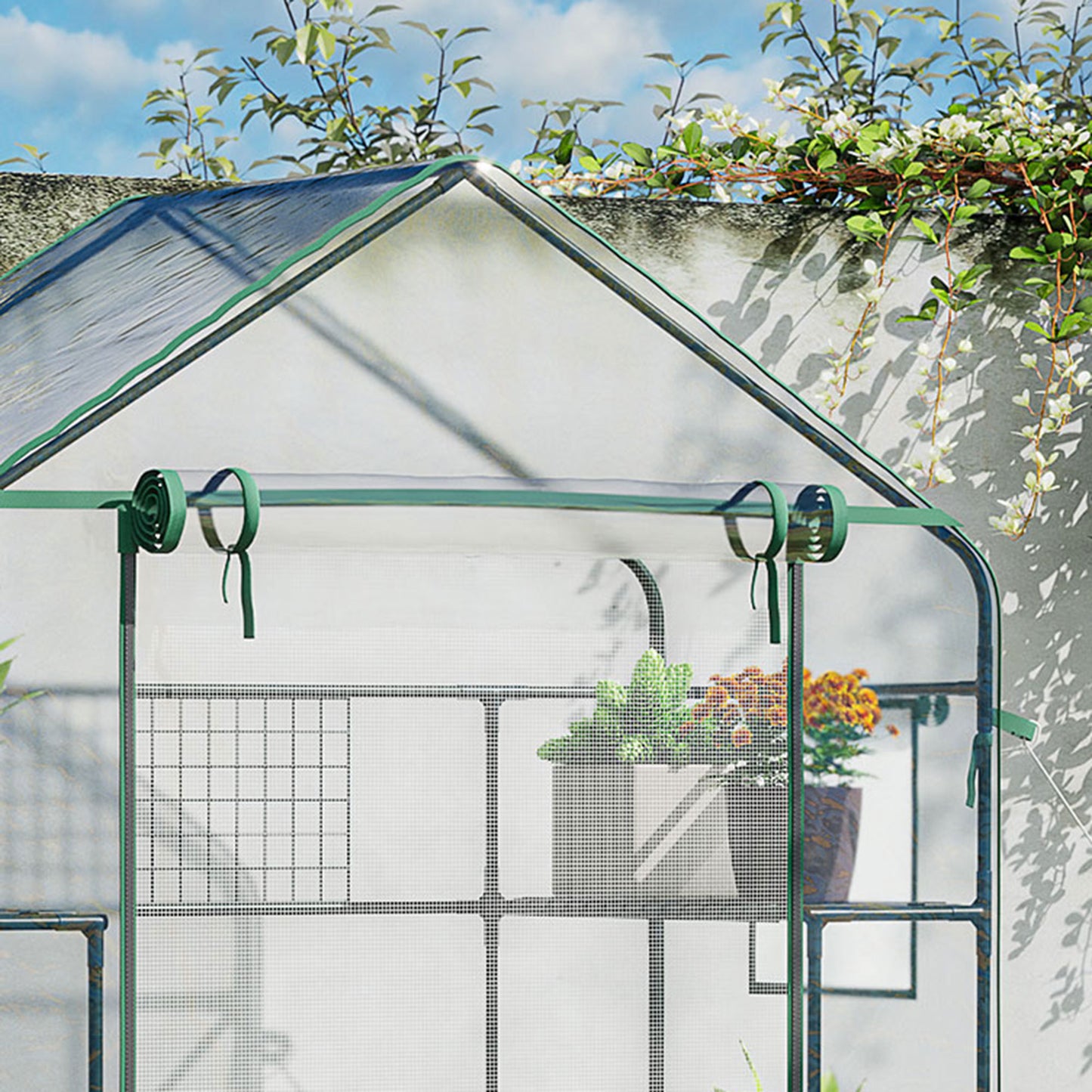 3-Tier Mini Greenhouse, Walk-in Greenhouse, Garden Hot House with 4 Shelves, Roll-Up Door, Mesh Windows, Trellis and Plant Labels, 56" x 29" x 77", Clear Greenhouses at Gallery Canada