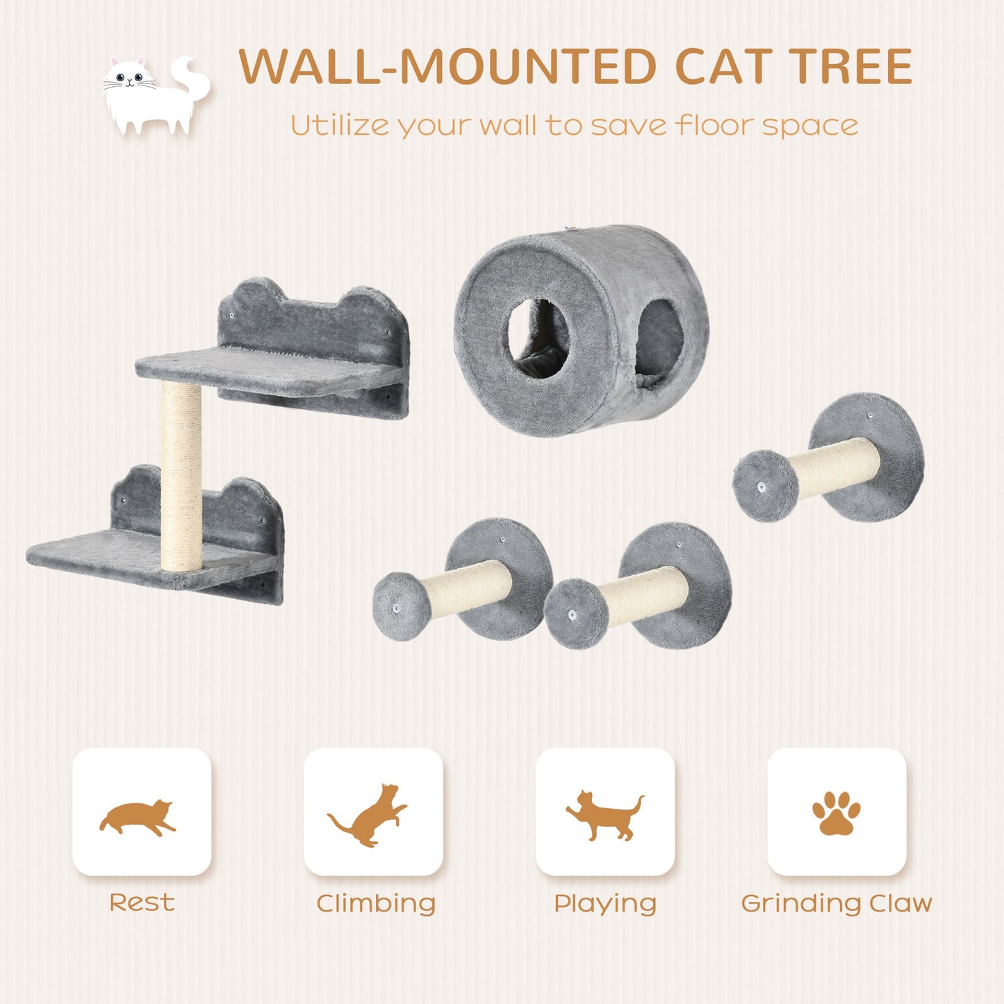 Pet Wall-mounted Climbing Shelf Set, Grey Cat Climbing Wall   at Gallery Canada