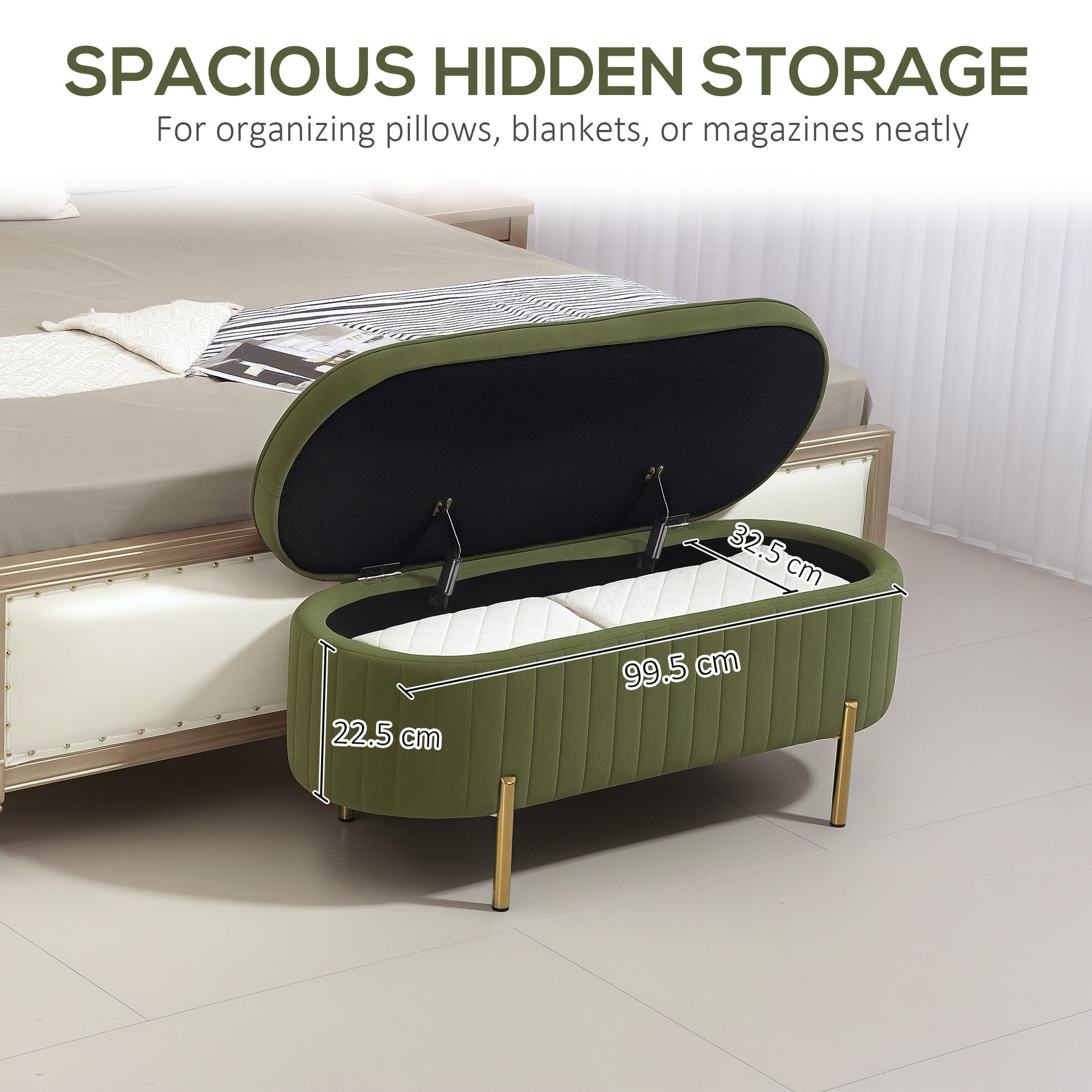 Upholstered Bedroom Bench, Channel Tufted Ottoman Bench with Thick Padding and Metal Legs, Dark Green Storage Ottomans & Benches at Gallery Canada