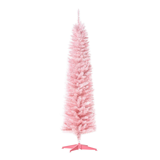 6' Pencil Christmas Tree, Slim Artificial Xmas Tree with Realistic Branches, Sturdy Metal Stand, Pink - Gallery Canada