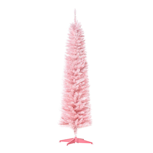 6' Pencil Christmas Tree, Slim Artificial Xmas Tree with Realistic Branches, Sturdy Metal Stand, Pink