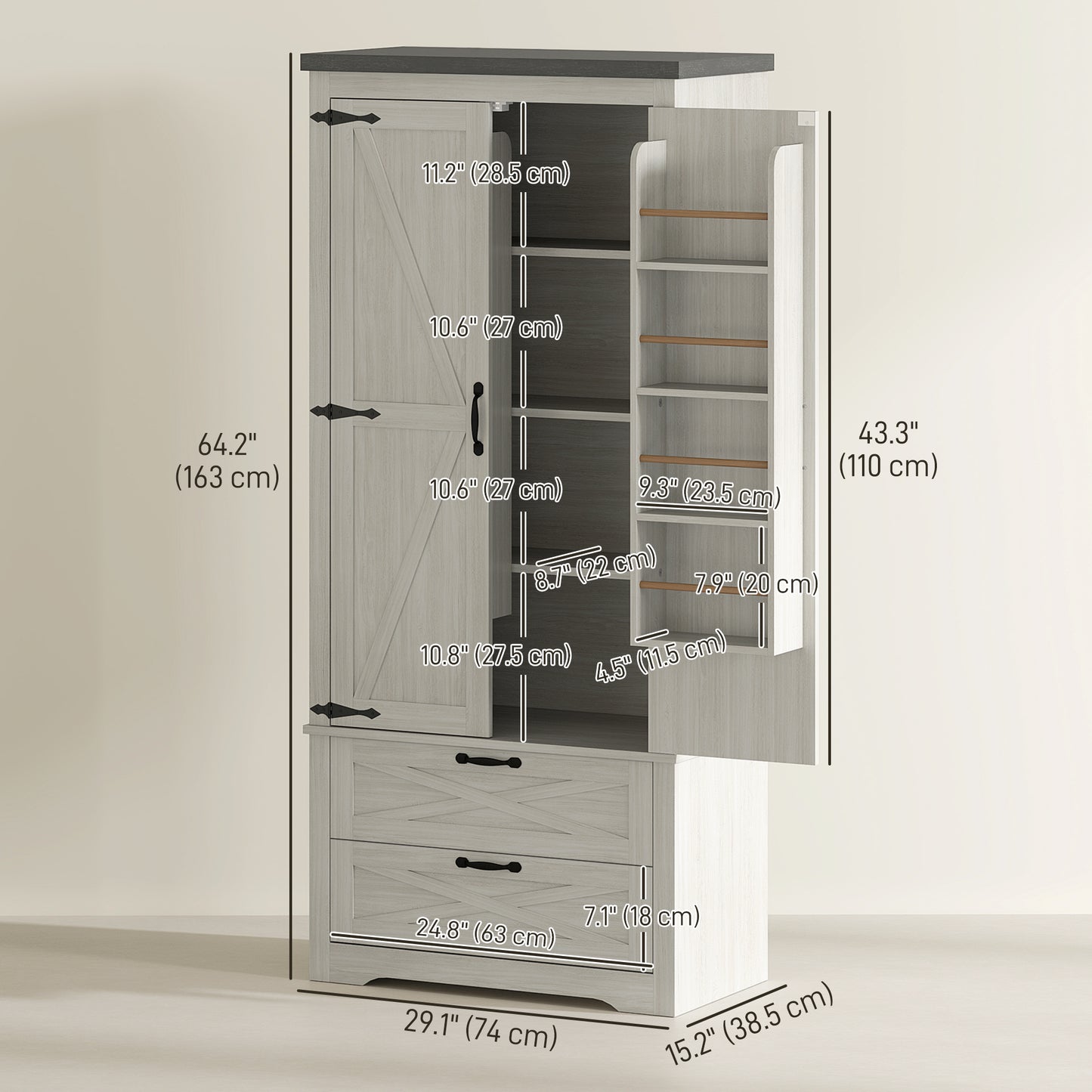 Farmhouse Kitchen Pantry Storage Cabinet, 64" Freestanding Kitchen Pantry Cabinet with Drawers, Distressed White Kitchen Pantry Cabinets at Gallery Canada