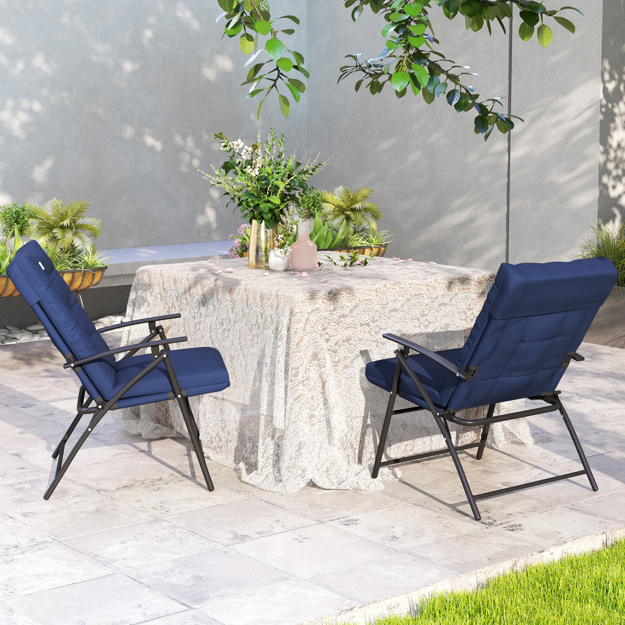 Set of 2 Foldable Lawn Chairs with Adjustable Backrest Padded Folding Camping Chairs for Outdoor Blue Patio Chairs at Gallery Canada