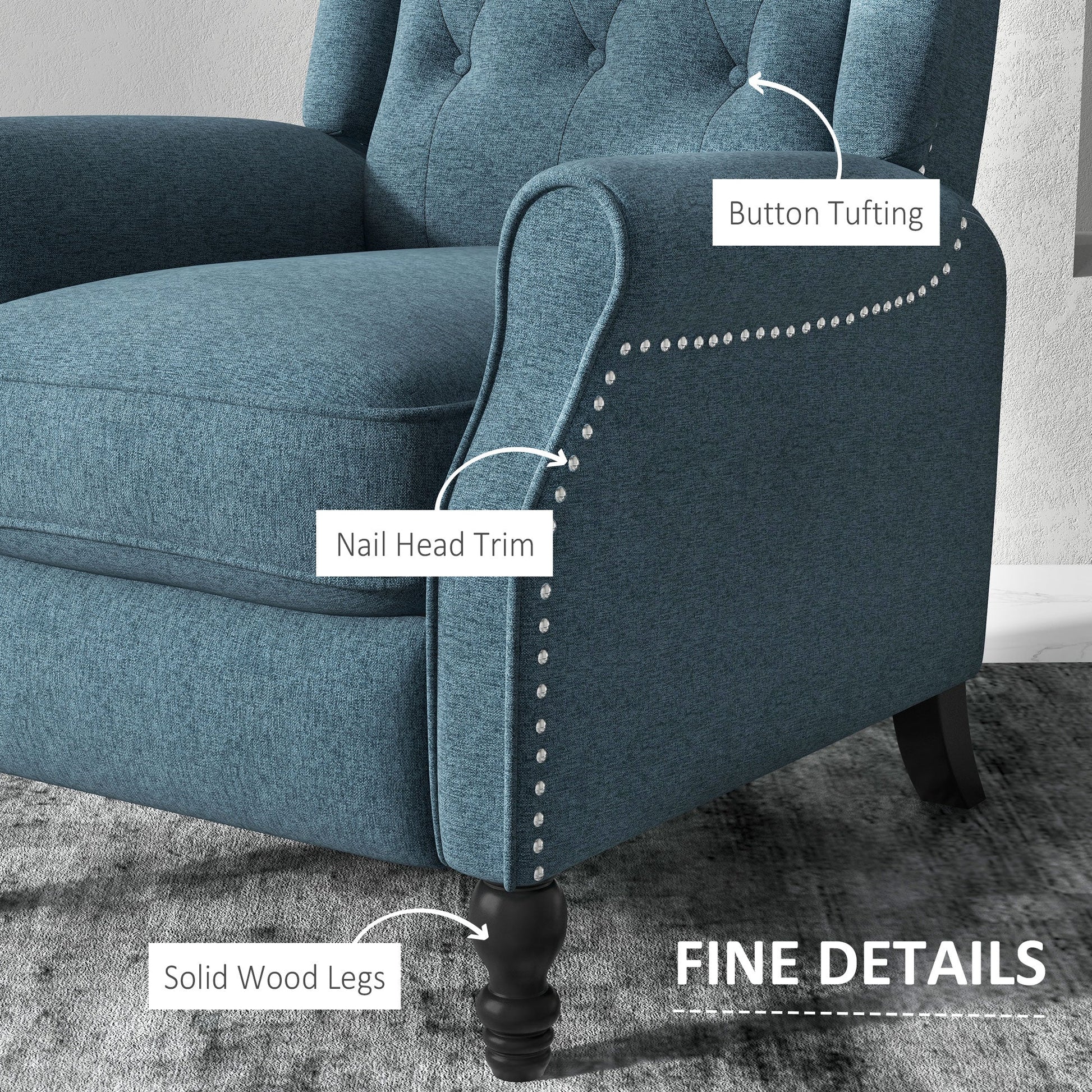 Wingback Reclining Chair with Footrest, Button Tufted Recliner Chair with Rolled Armrests for Living Room, Blue Single Sofas   at Gallery Canada