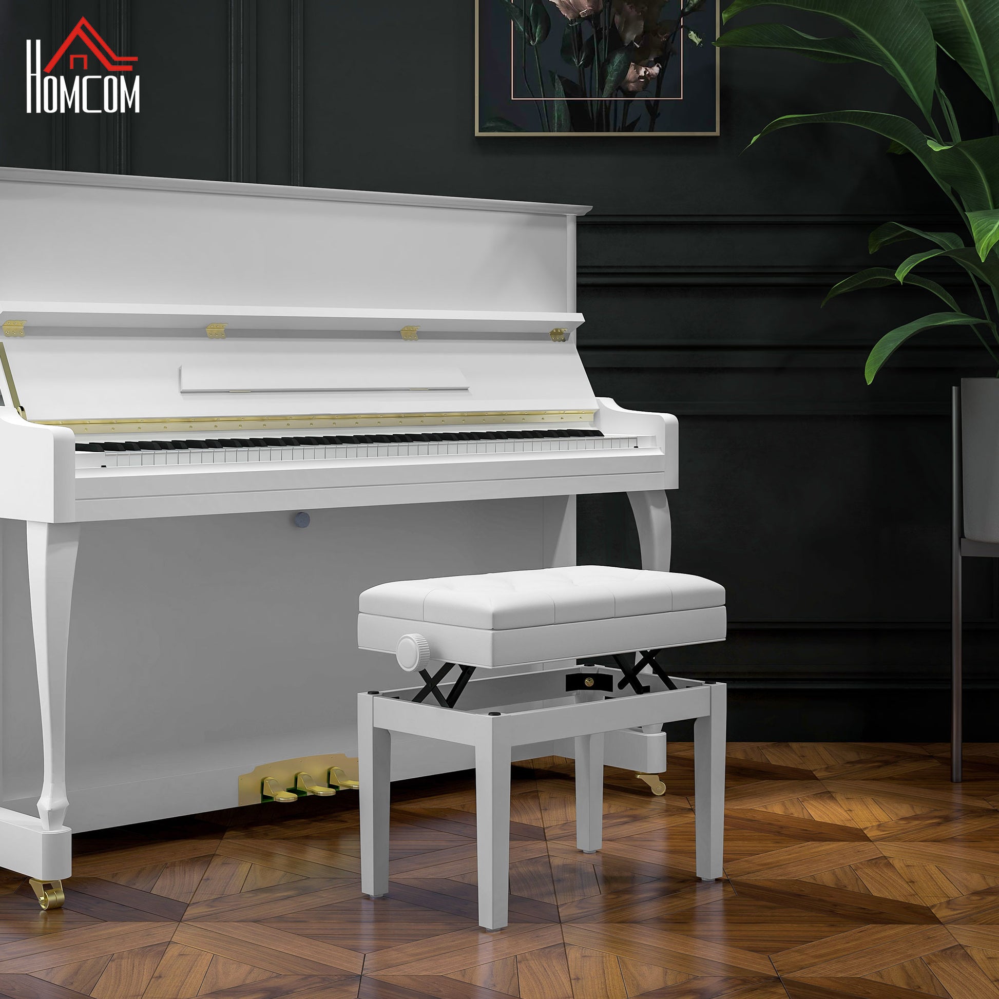 Adjustable Piano Bench with Storage and Soft PU Leather Padded, with Enough Music Storage Design, White Piano Benches   at Gallery Canada