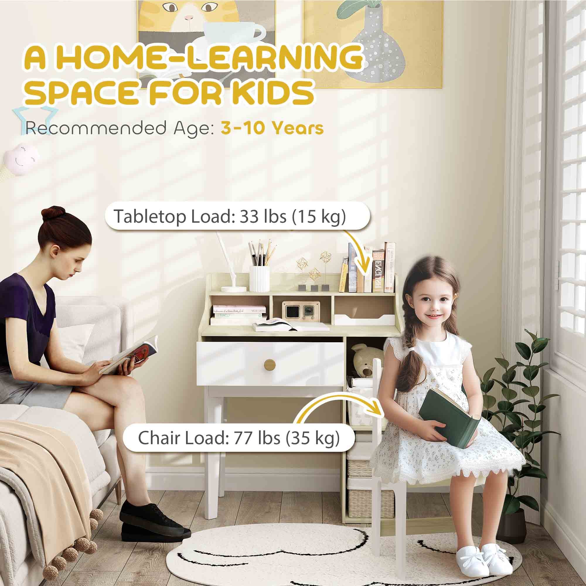 Kids Desk and Chair Set with Storage Shelves, Drawer, for 3-10 Years, White Kids Desk Sets at Gallery Canada