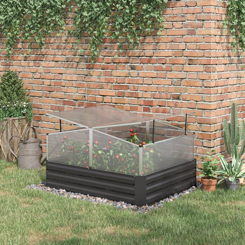 Steel Planters for Outdoor Plants with Greenhouse Galvanized Raised Garden Bed for Flowers, Herbs and Vegetables, Grey