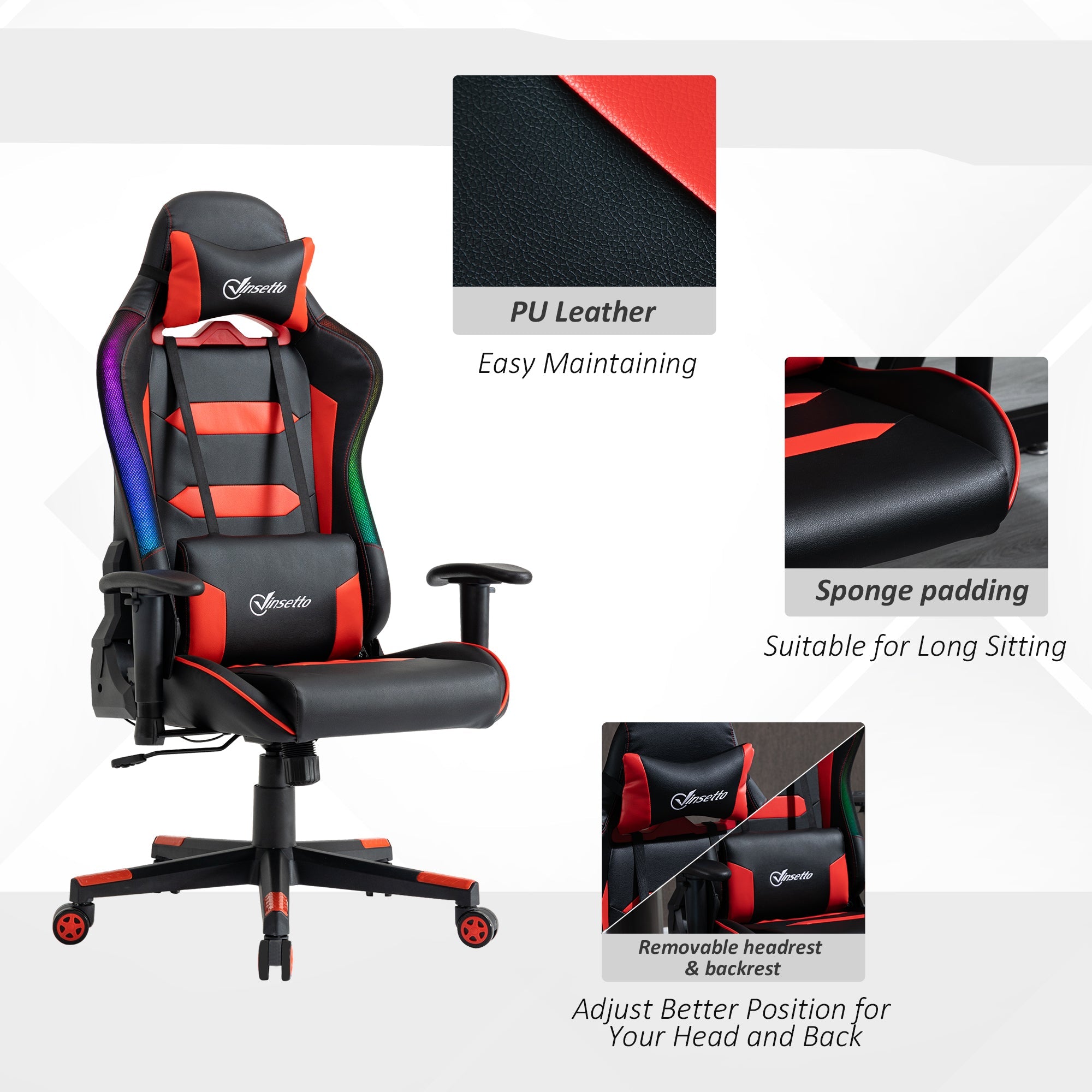 Racing Office Chair with RGB LED Light, Gaming Desk Chair with Lumbar Support, High Back PU Leather Swivel Computer Recliner, Tilt, Black and Red Video Game Chairs   at Gallery Canada