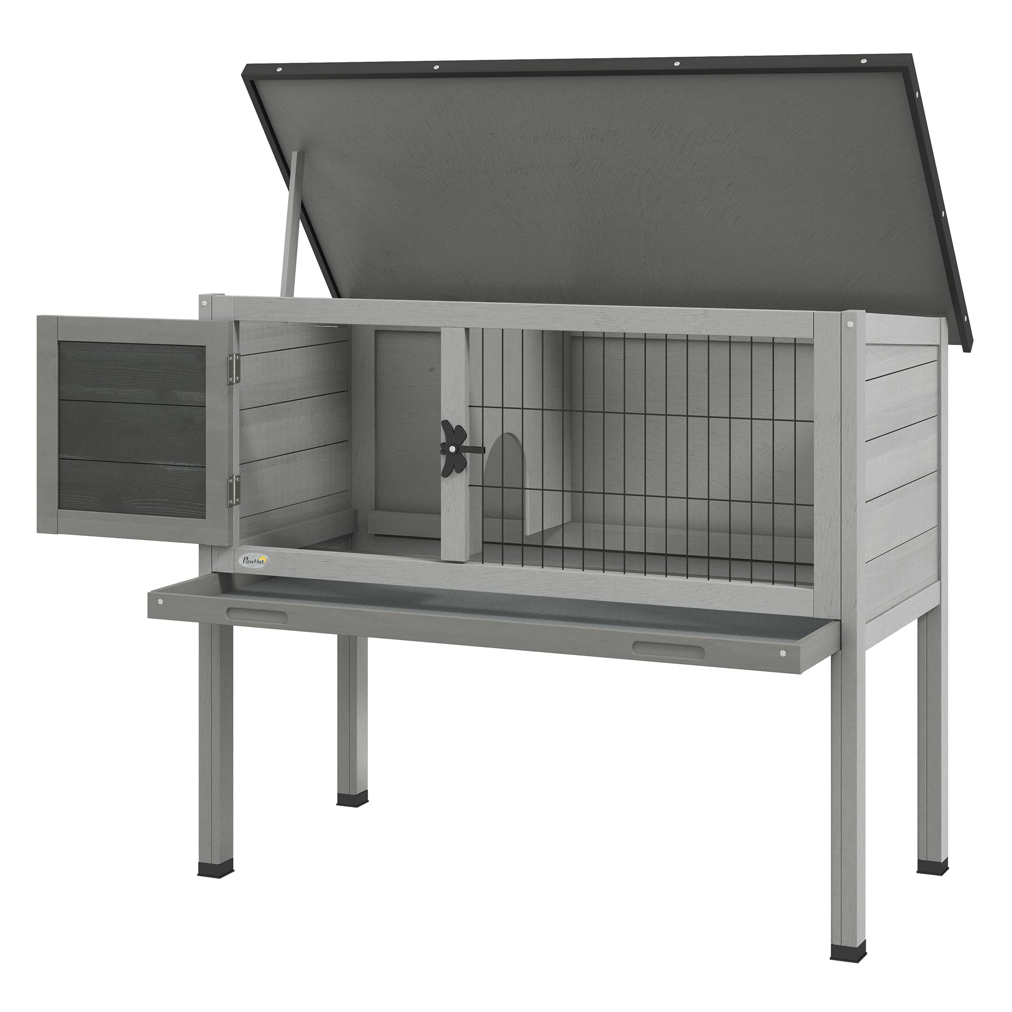 Wooden Rabbit Hutch with Openable Asphalt Roof, Tray, Grey Rabbit Hutch Grey, Black at Gallery Canada