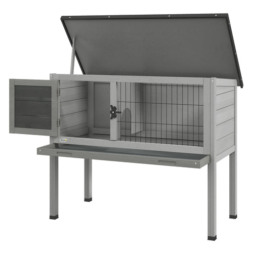 Wooden Rabbit Hutch with Openable Asphalt Roof, Tray, Grey