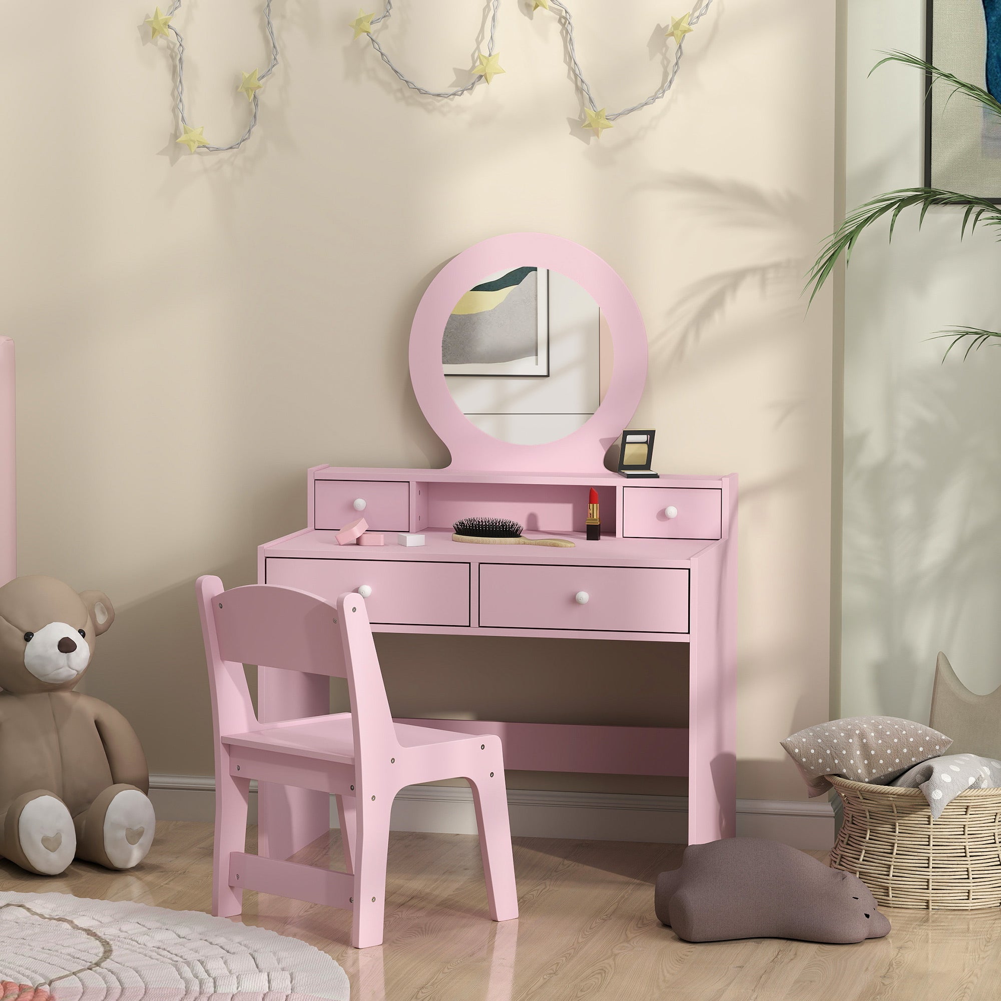 Kids Vanity Set, Children Makeup Table with Mirror, Stool and Storage Drawers, for Ages 3-8, Pink Toy Vanity   at Gallery Canada