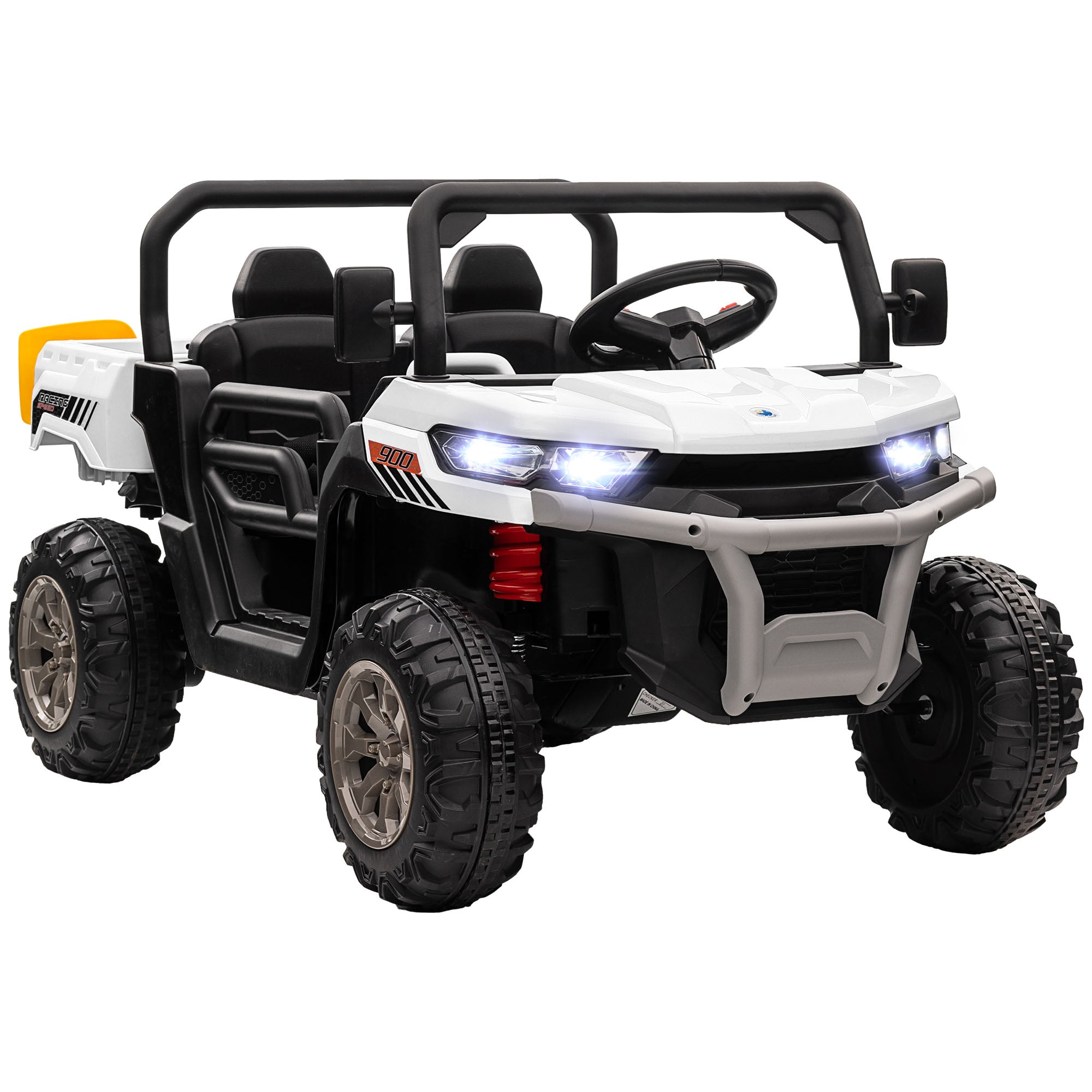 12V Ride on Car with Electric Bucket, Two-Seater, Shovel, Remote Control, Spring Suspension, Horn, Music, White Electric Toy Cars   at Gallery Canada