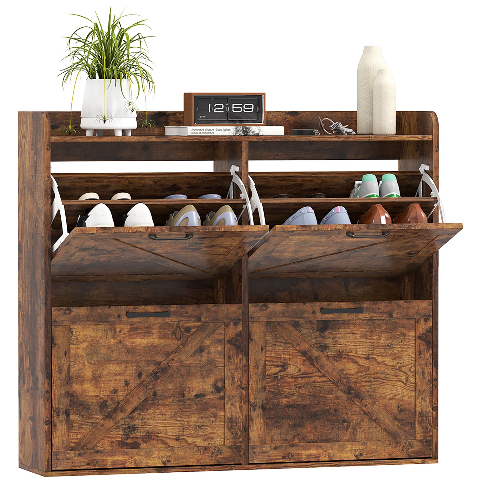 Narrow Shoe Storage Cabinet with 4 Flip Drawers, Adjustable Shelves, 16 Pair Farmhouse Shoe Cabinet, Rustic Brown Shoe Storage Cabinets & Racks at Gallery Canada
