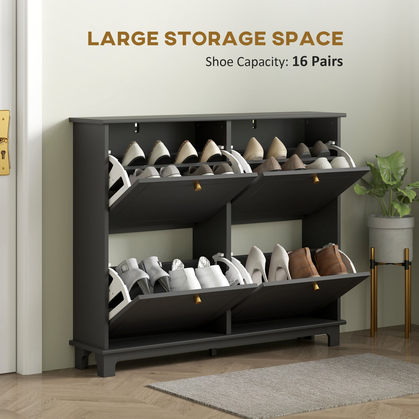 Modern Shoe Storage Cabinet, Narrow Shoe Cabinet with 4 Flip Drawers, Adjustable Shelves, 5 Legs for Entryway, Black Shoe Storage Cabinets & Racks   at Gallery Canada