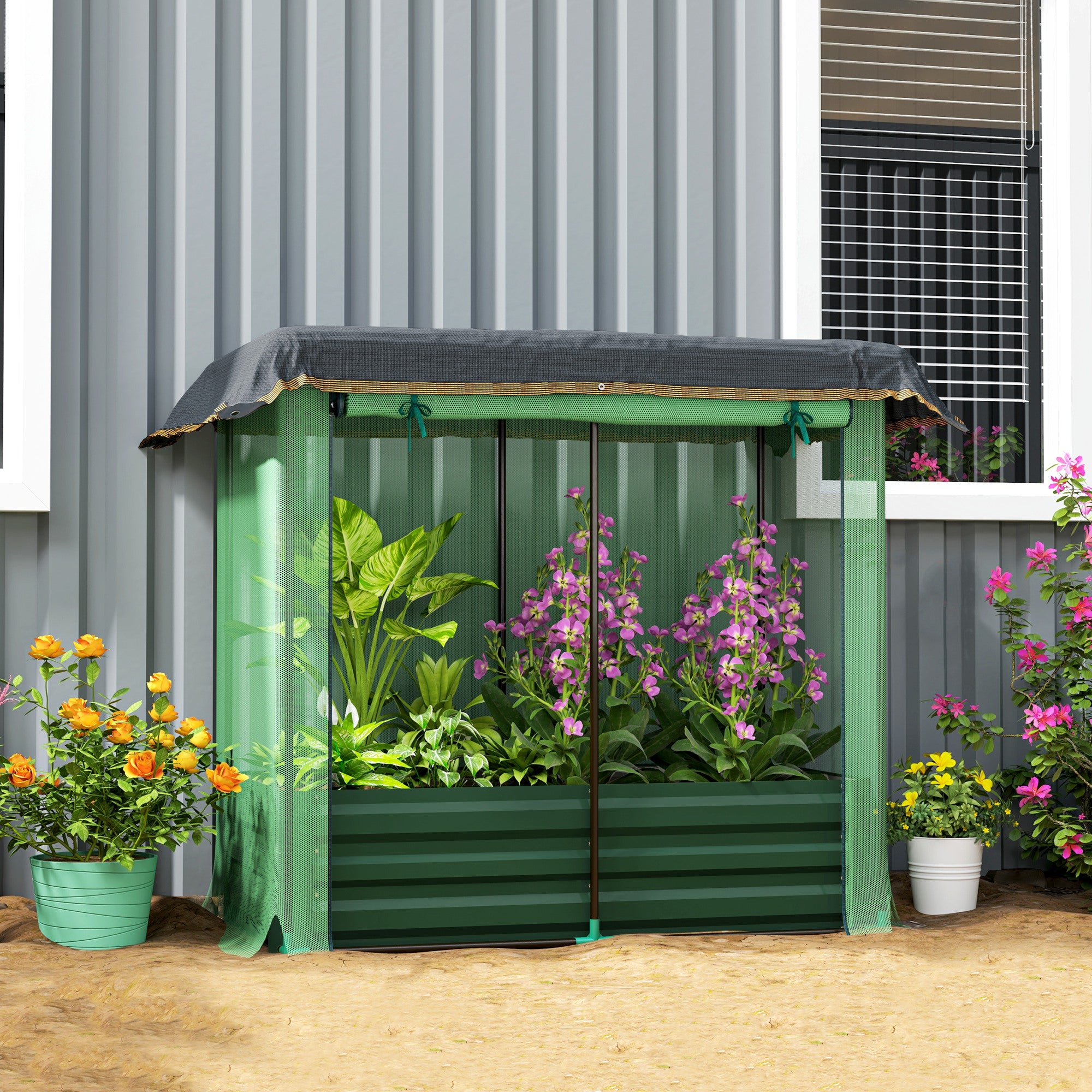 Galvanized Steel Planter Box with Crop Cage and Shade Cloth, Raised Garden Bed for Flowers, Vegs and Herbs, Green Raised Garden Beds at Gallery Canada