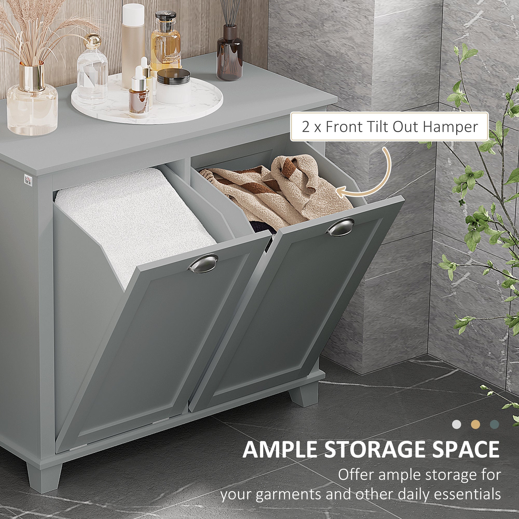 Tilt-Out Laundry Storage Cabinet, Bathroom Storage Organizer with Two-Compartment Tilt Out Hamper, Grey Bathroom Cabinets   at Gallery Canada