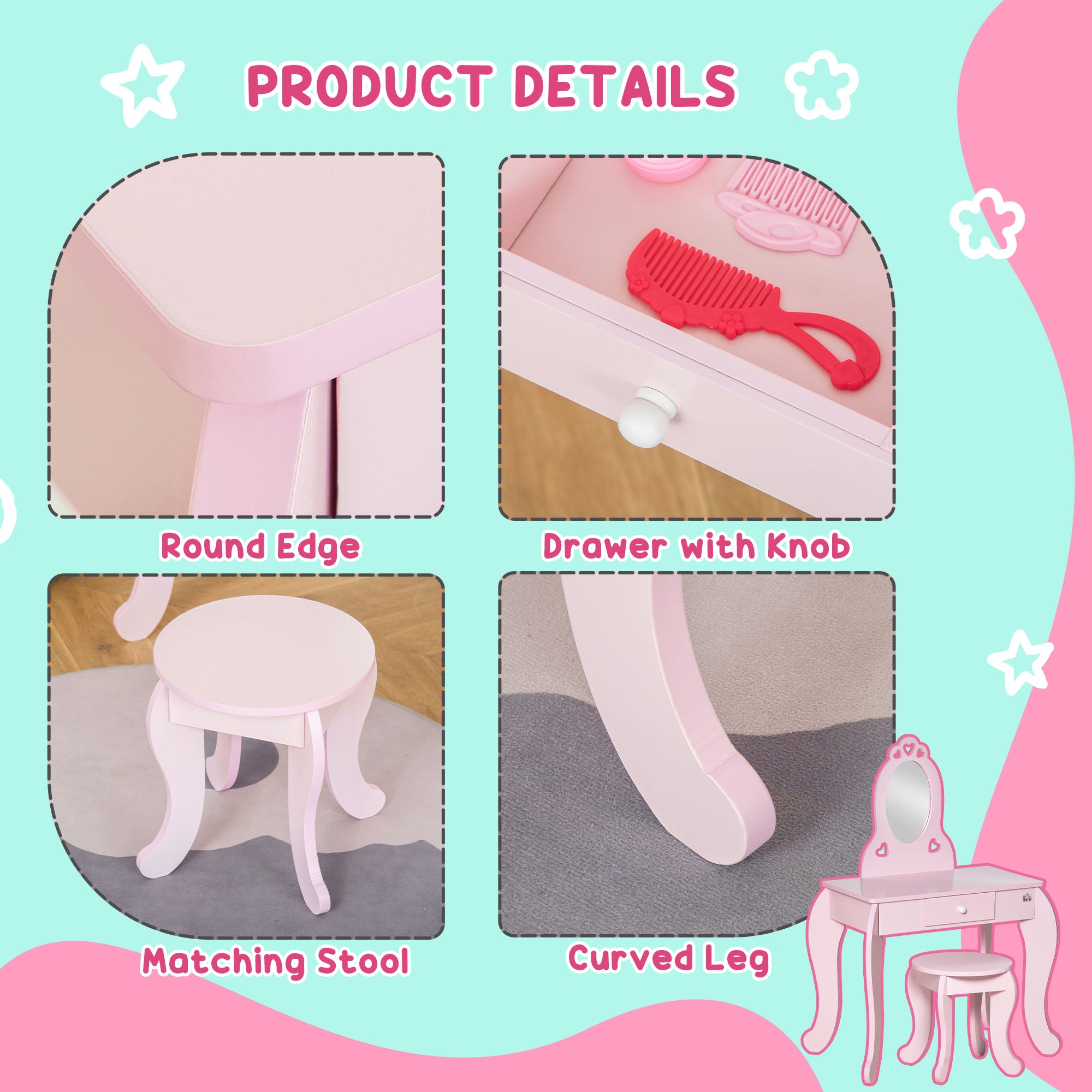 Kids Vanity Table Set with Mirror and Stool, Drawer, for 3-6 Years, Pink Toy Vanity   at Gallery Canada